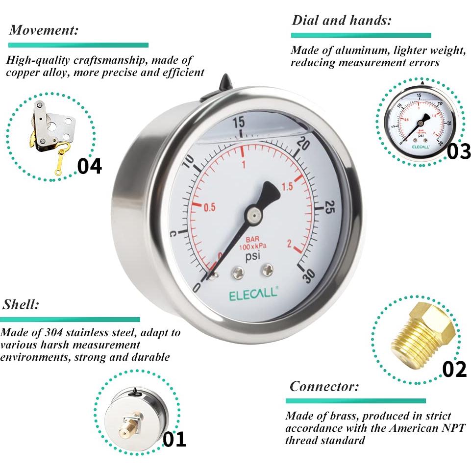 Manómetro de Presión ELECALL 0-30 Psi Acero Inoxidable 2.5"