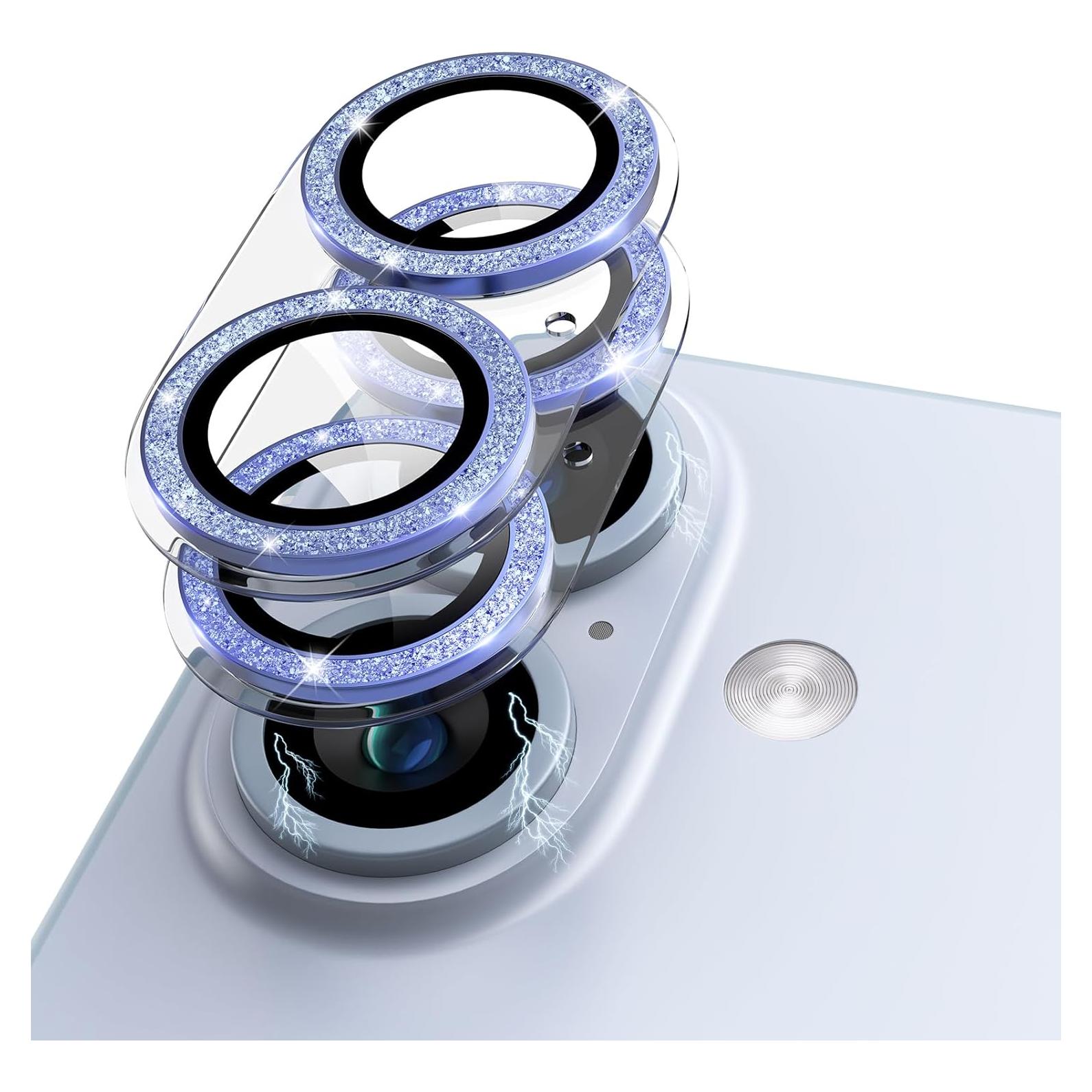 Compatible for iPhone 16 Plus/iPhone 16 Camera Lens Protector Glitter, Clear Acrylic Plus Aluminium Alloy Ring 9H Tempered Glass Screen Camera Cover Glitter Blue+Blue