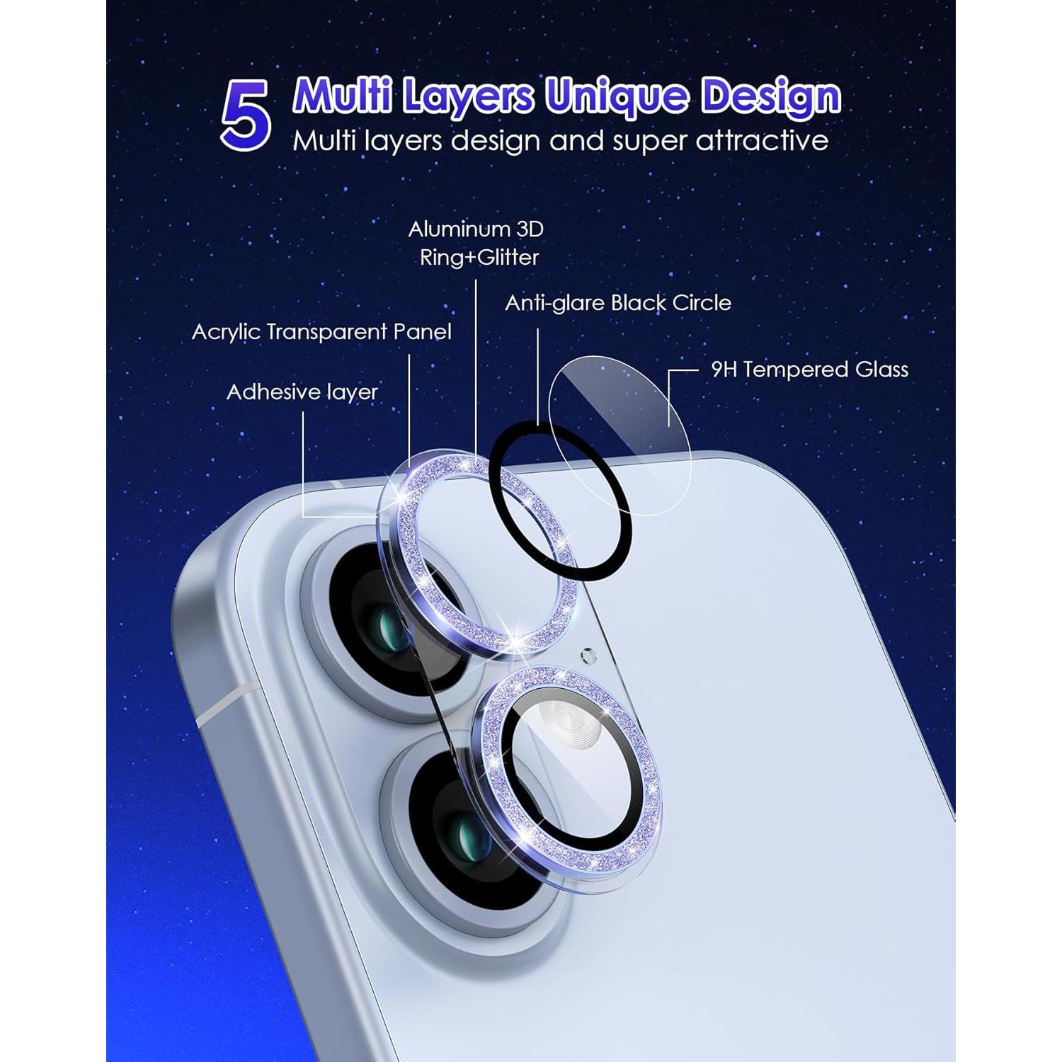 Compatible for iPhone 16 Plus/iPhone 16 Camera Lens Protector Glitter, Clear Acrylic Plus Aluminium Alloy Ring 9H Tempered Glass Screen Camera Cover Glitter Blue+Blue