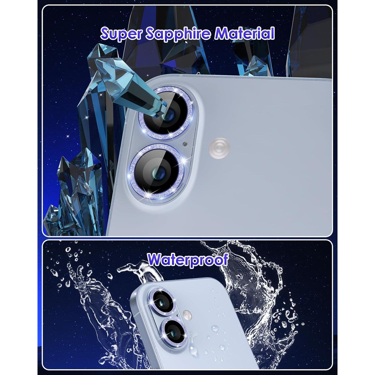 Compatible for iPhone 16 Plus/iPhone 16 Camera Lens Protector Glitter, Clear Acrylic Plus Aluminium Alloy Ring 9H Tempered Glass Screen Camera Cover Glitter Blue+Blue