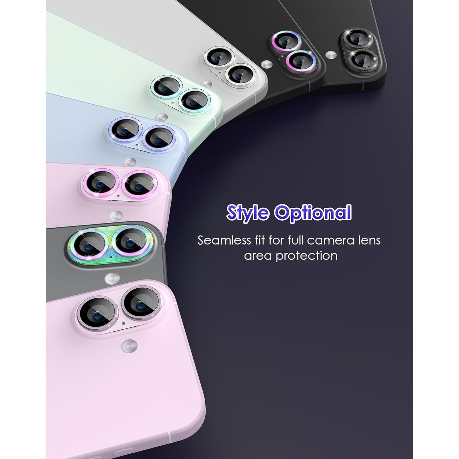 Compatible for iPhone 16 Plus/iPhone 16 Camera Lens Protector Glitter, Clear Acrylic Plus Aluminium Alloy Ring 9H Tempered Glass Screen Camera Cover Glitter Blue+Blue