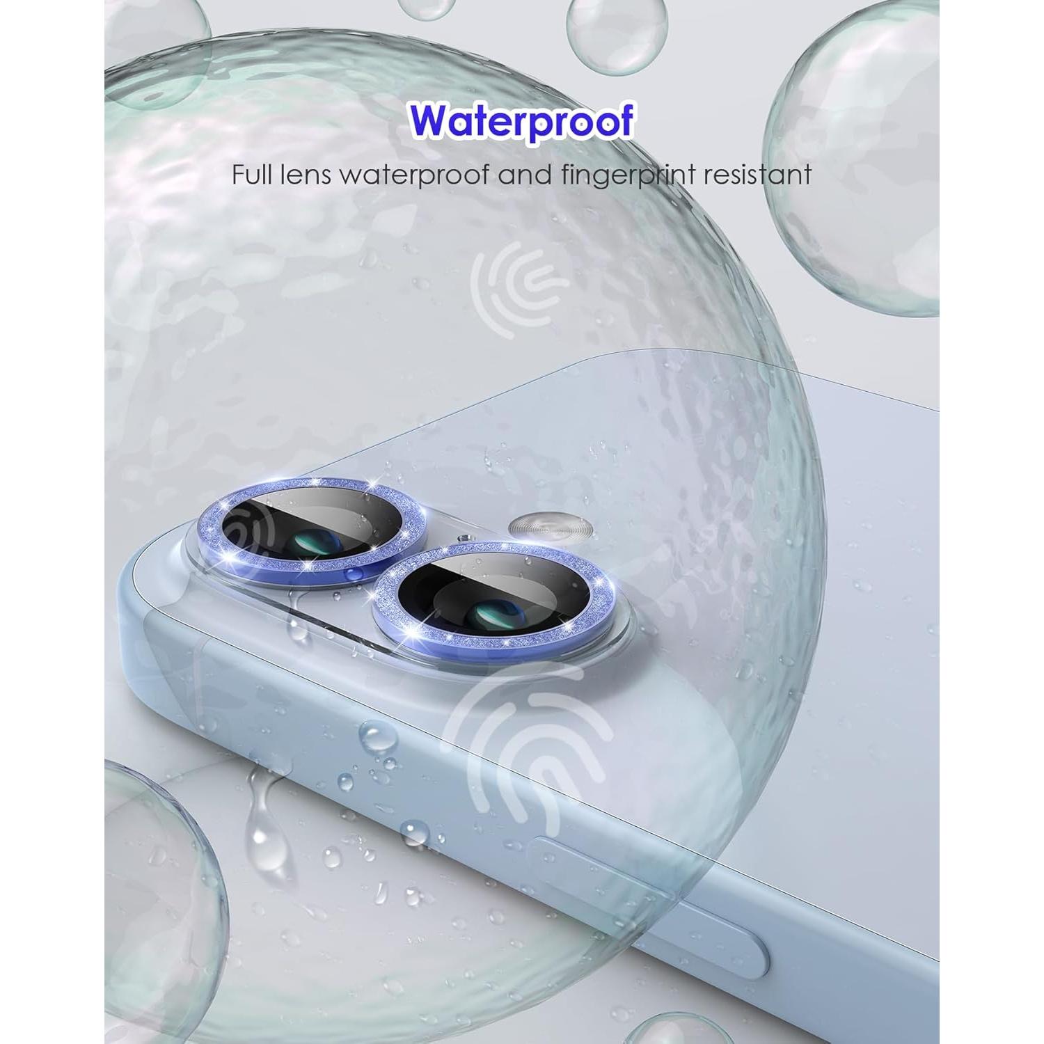 Compatible for iPhone 16 Plus/iPhone 16 Camera Lens Protector Glitter, Clear Acrylic Plus Aluminium Alloy Ring 9H Tempered Glass Screen Camera Cover Glitter Blue+Blue