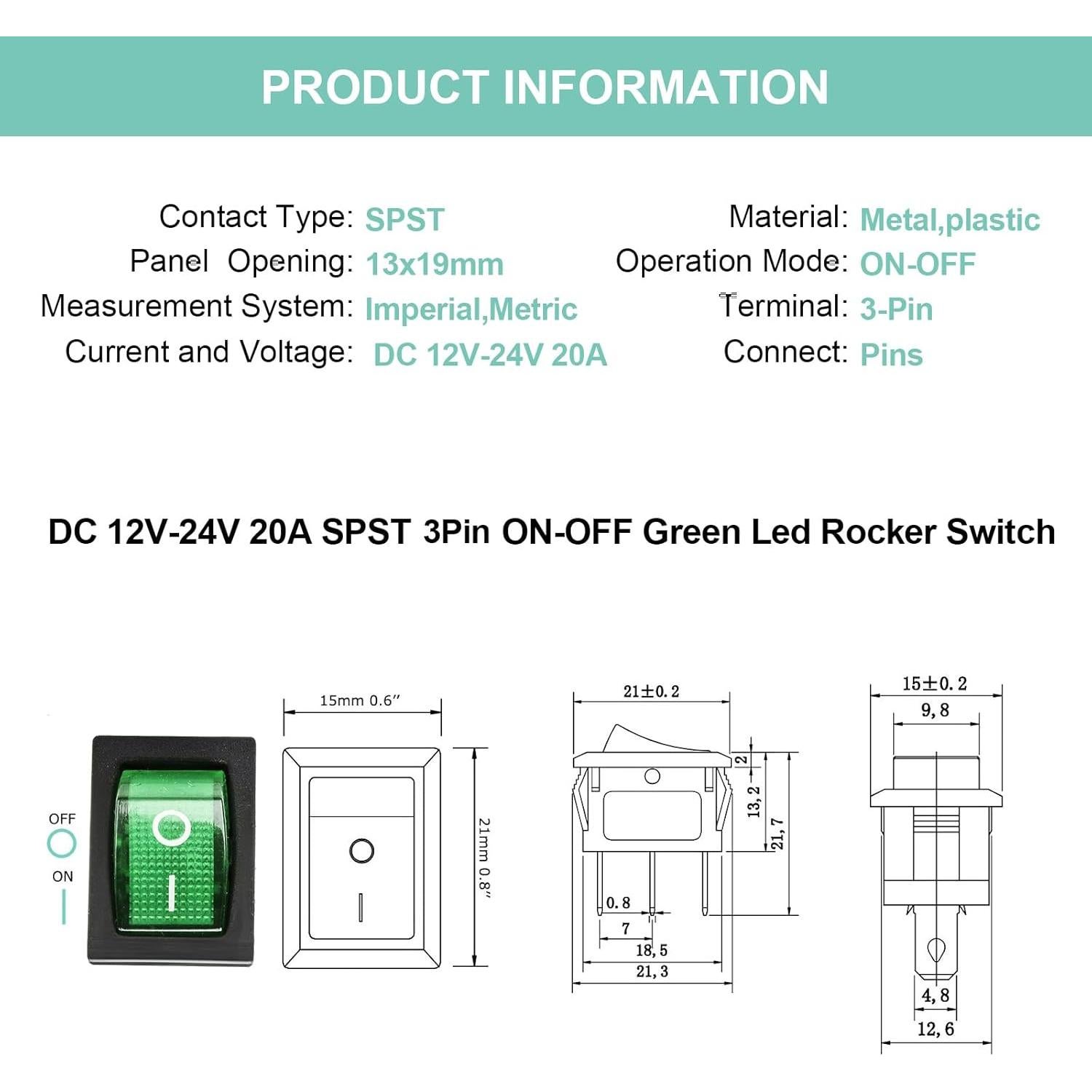 Interruptor de Palanca QTEATAK KCD1 3 Pines 20A Verde LED