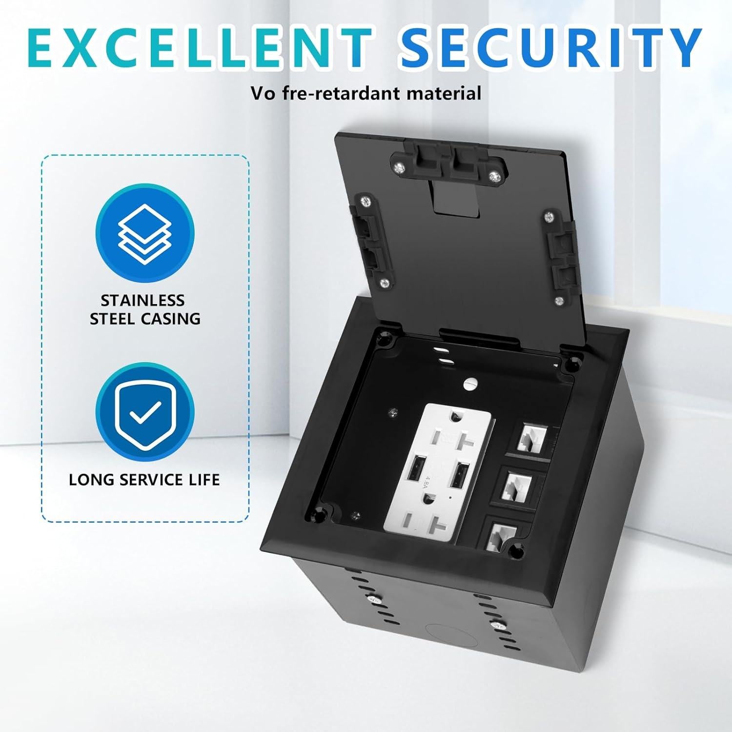 Kit de enchufe oculto empotrado KYHSHJ 2x20A USB-A RJ45 Negro