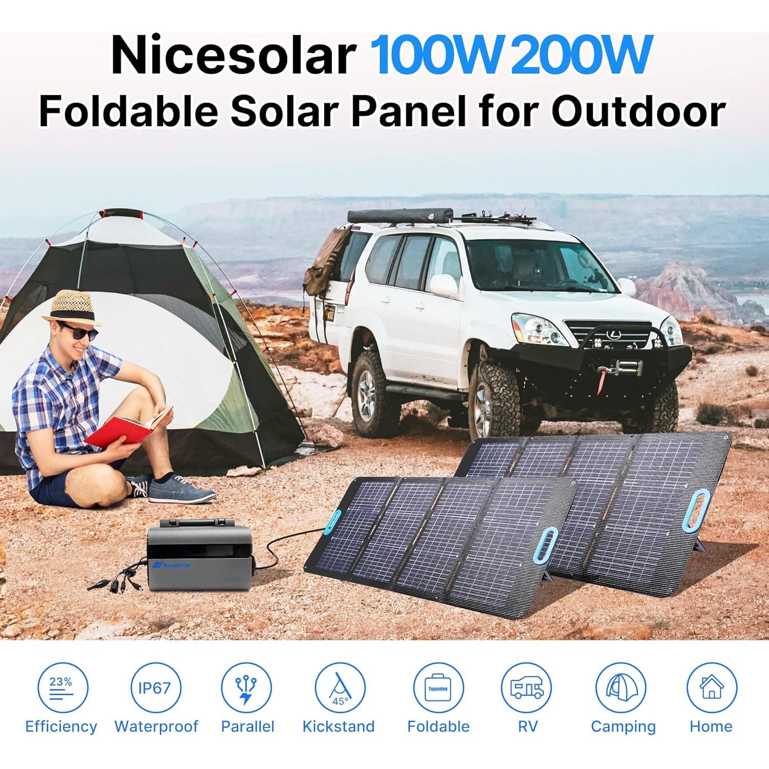 Panel Solar Plegable Nicesolar 100W con USB-C 65W para Camping