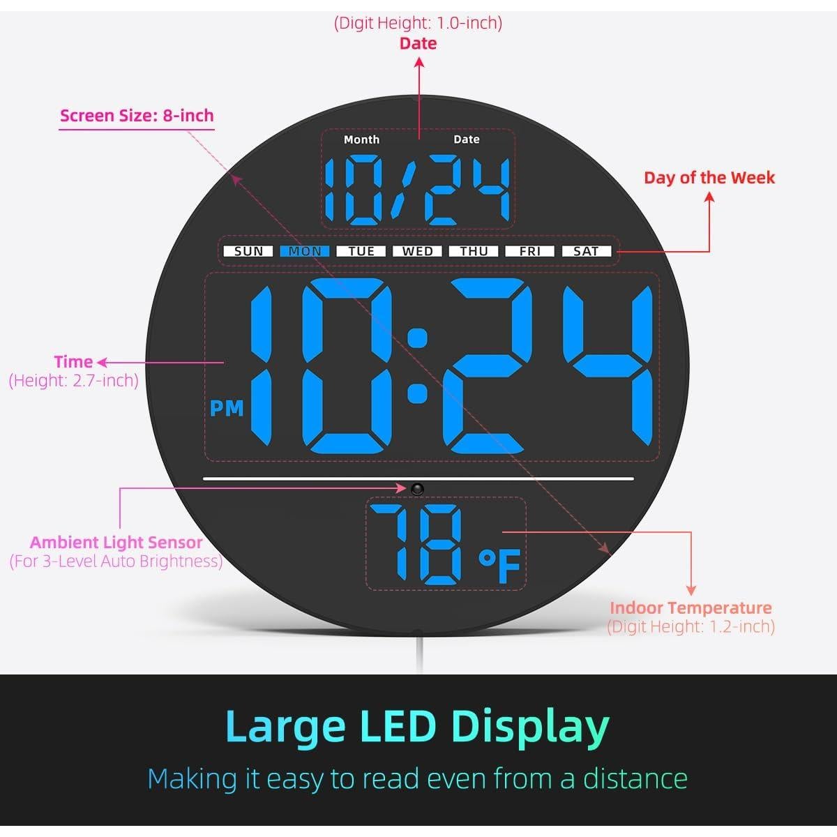 Reloj de Pared Digital LED XUANZIT 8" Auto-Brillo Temperatura