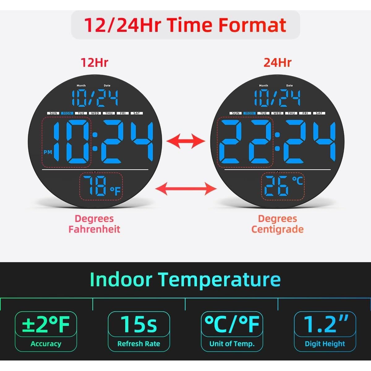 Reloj de Pared Digital LED XUANZIT 8" Auto-Brillo Temperatura