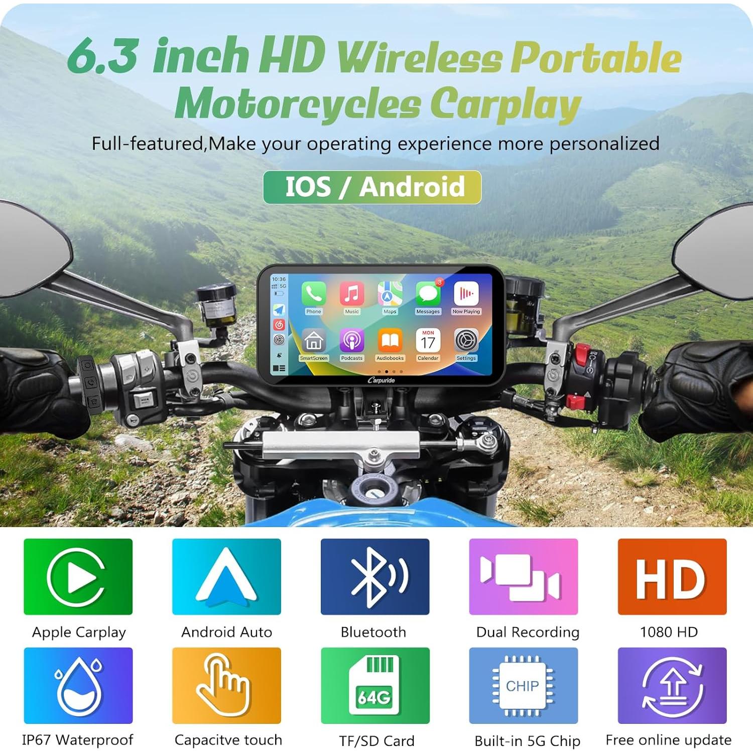 Pantalla GPS Carpuride W603D para moto 6.3" HD, CarPlay