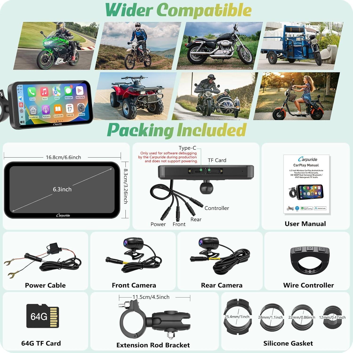 Pantalla GPS Carpuride W603D para moto 6.3" HD, CarPlay