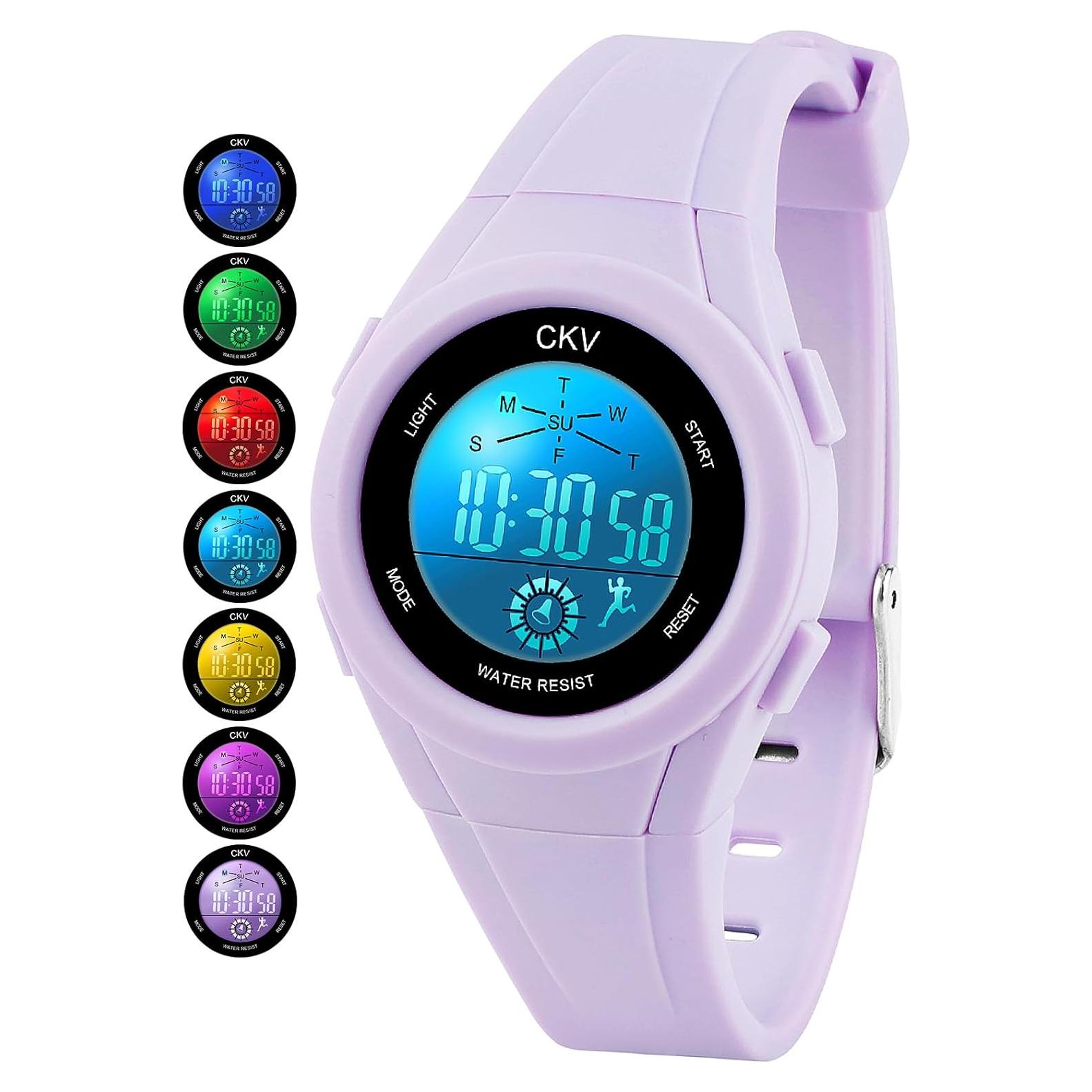 Reloj Digital CKV para Niños con Luz LED 7 Colores Impermeable