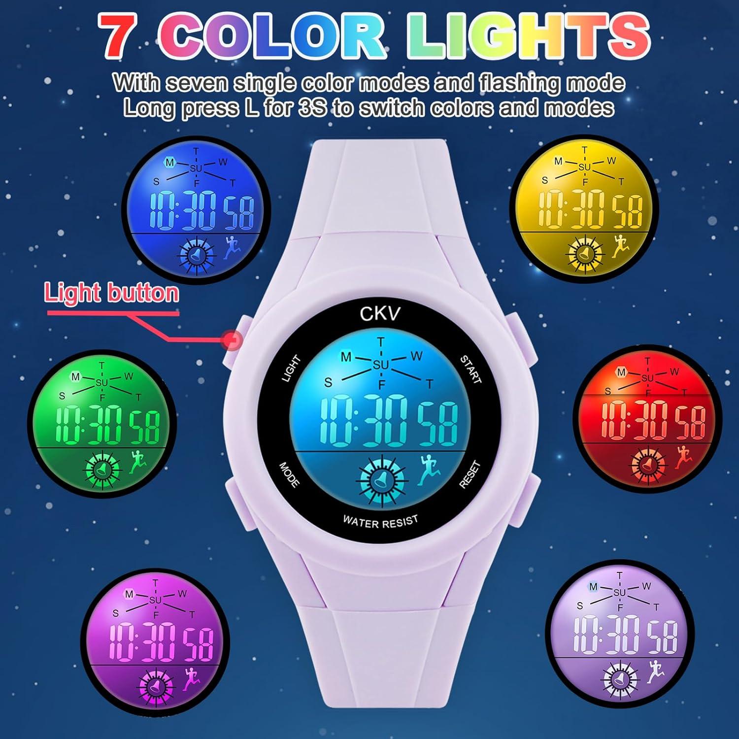 Reloj Digital CKV para Niños con Luz LED 7 Colores Impermeable