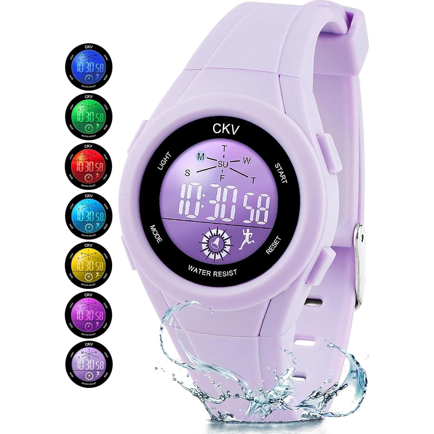Reloj Digital CKV para Niños con Luz LED 7 Colores Impermeable