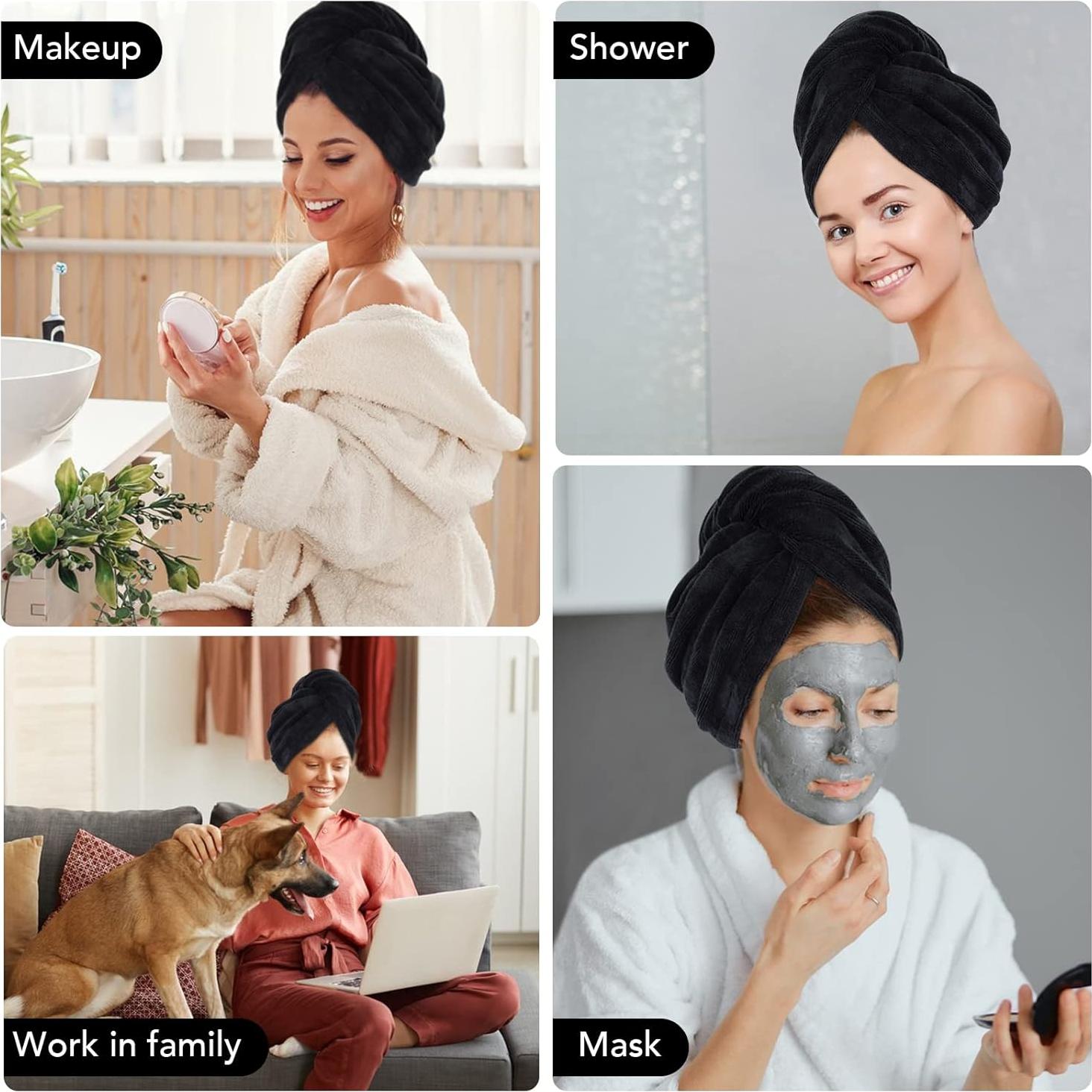 Capucha de Secado de Cabello Sinland Microfibra 3 Piezas Negra