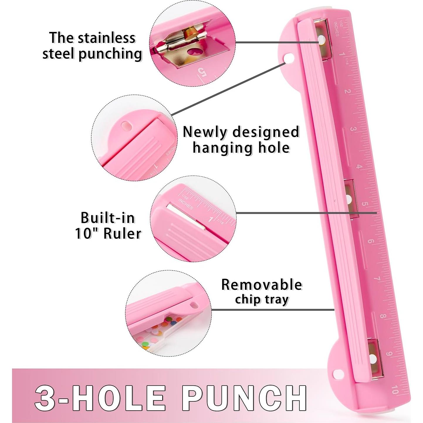 Perforadora de 3 Agujeros WORKLION Rosa con Regla 25.4 cm