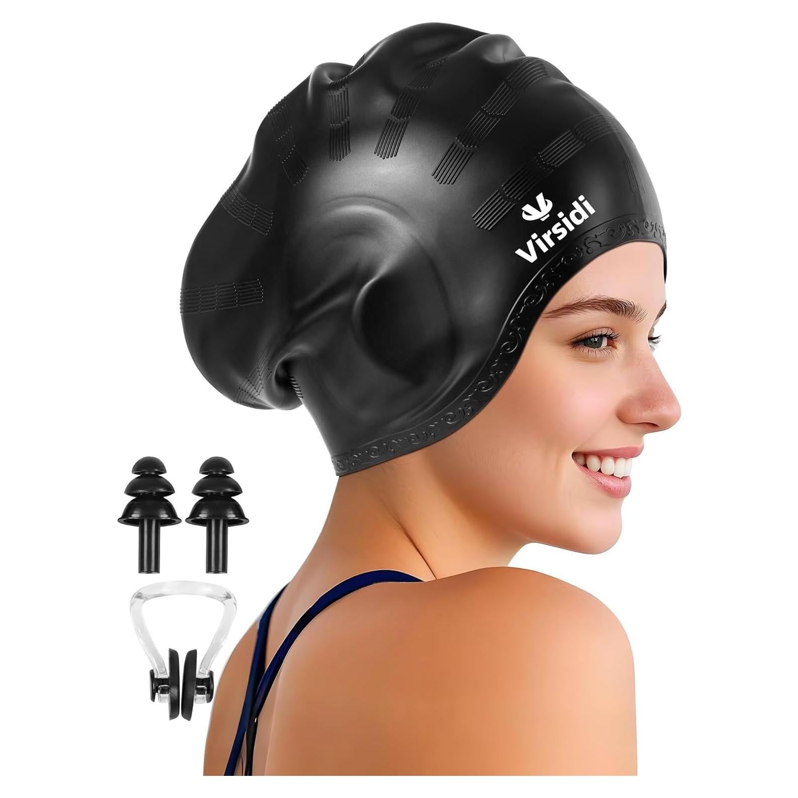 Swim Cap for Long Hair, Silicone Swimming Cap for Adult Women Men with 3D Ear Protection, Waterproof Large Swim Hats Bathing Caps to Keep Hair Dry with Ear Plugs Nose Clip