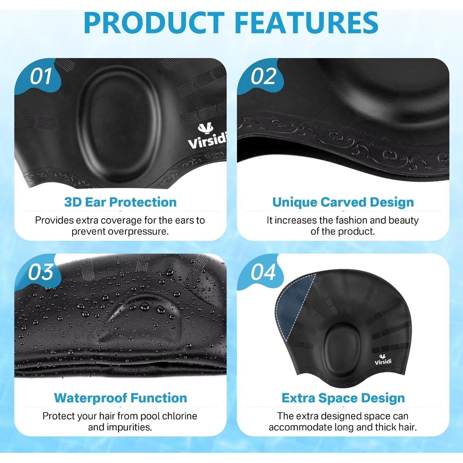 Swim Cap for Long Hair, Silicone Swimming Cap for Adult Women Men with 3D Ear Protection, Waterproof Large Swim Hats Bathing Caps to Keep Hair Dry with Ear Plugs Nose Clip