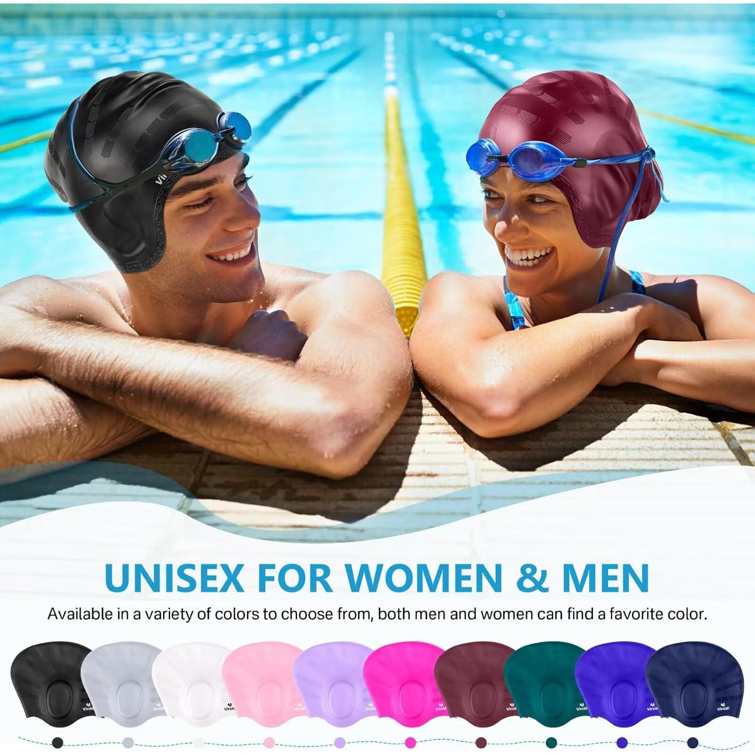 Swim Cap for Long Hair, Silicone Swimming Cap for Adult Women Men with 3D Ear Protection, Waterproof Large Swim Hats Bathing Caps to Keep Hair Dry with Ear Plugs Nose Clip