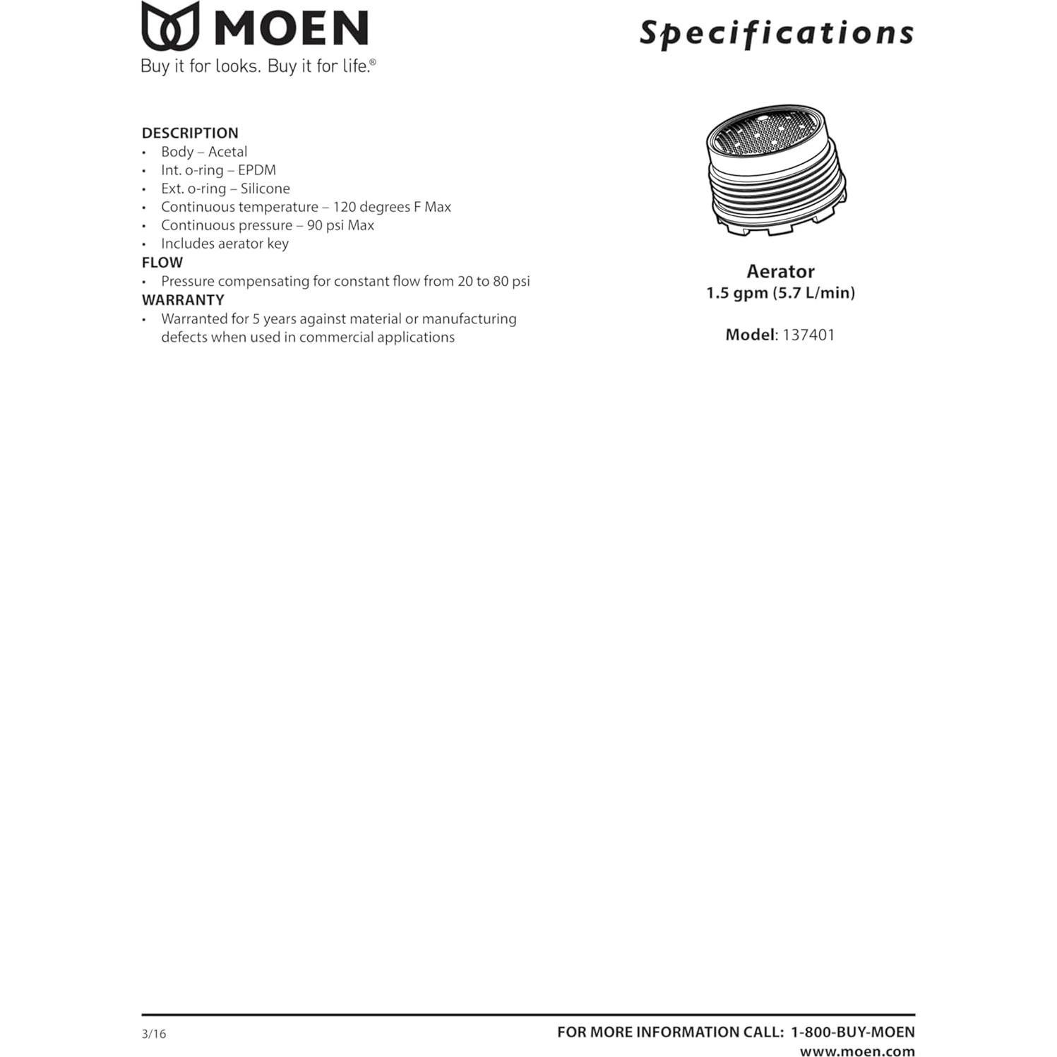 Aerador de Grifo Moen 137401 Eco-Performance 1.5 GPM