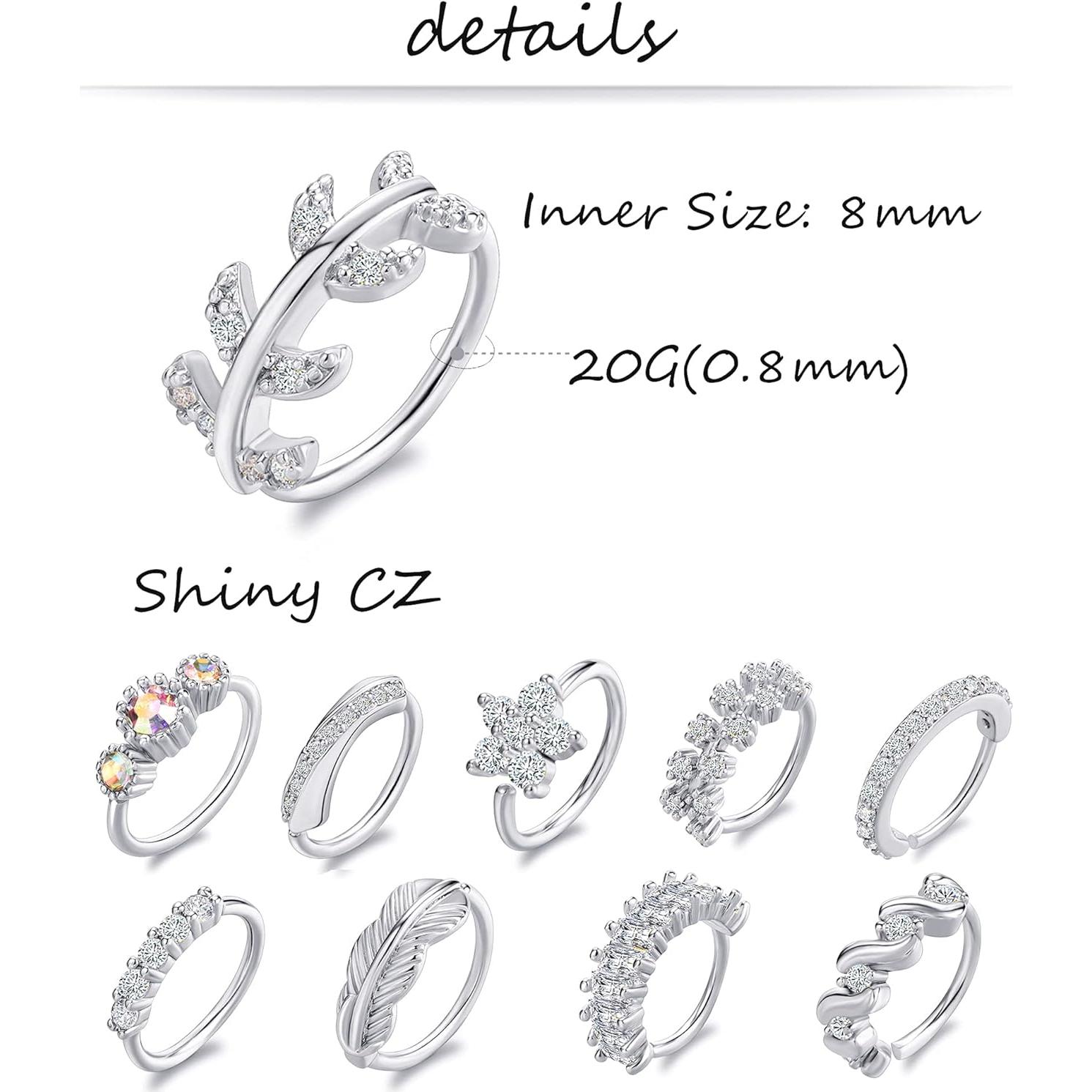 Aros de Nariz Tornito 10Pcs Plata Oro Rosa 20G Joyería