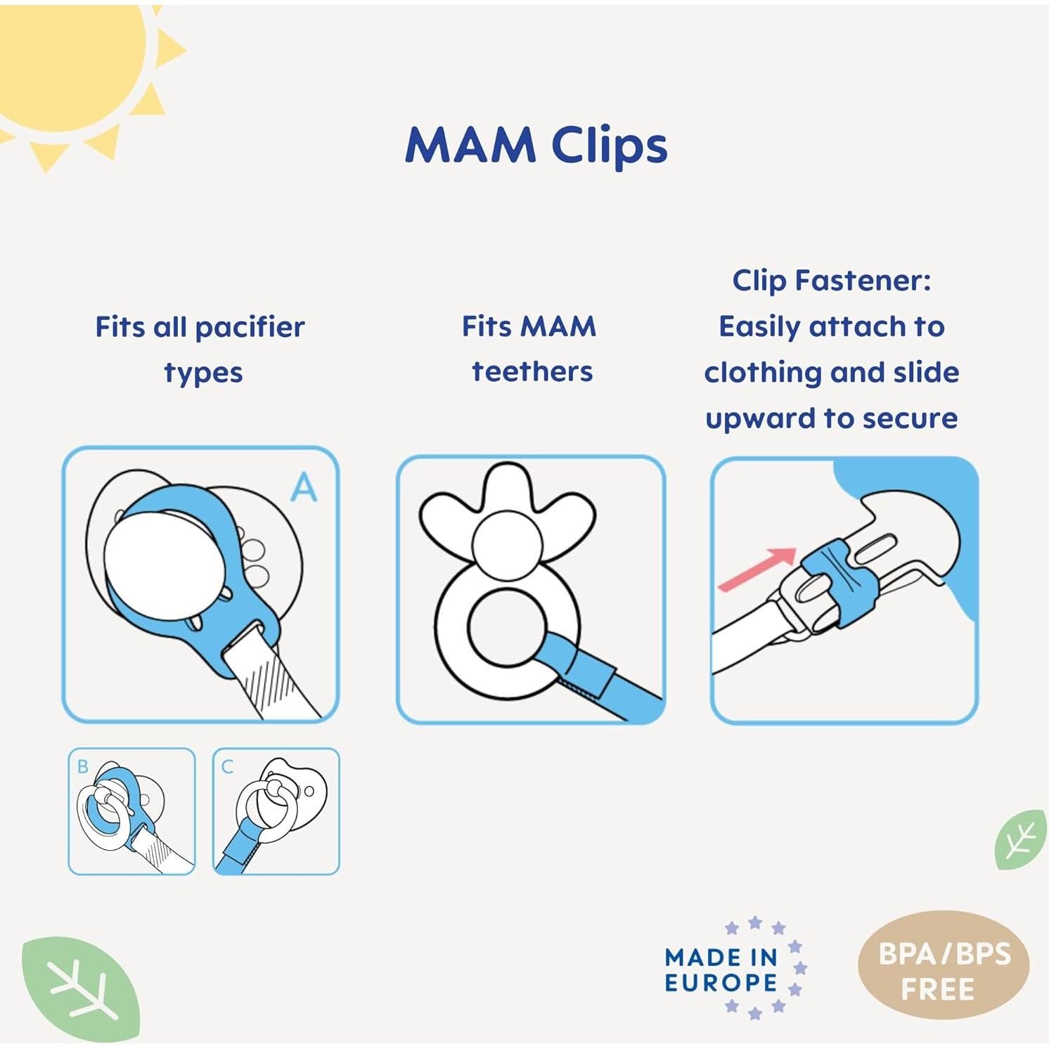 Clips para Chupetes MAM - 2 Paquete, Ajuste Universal, Libre de BPA