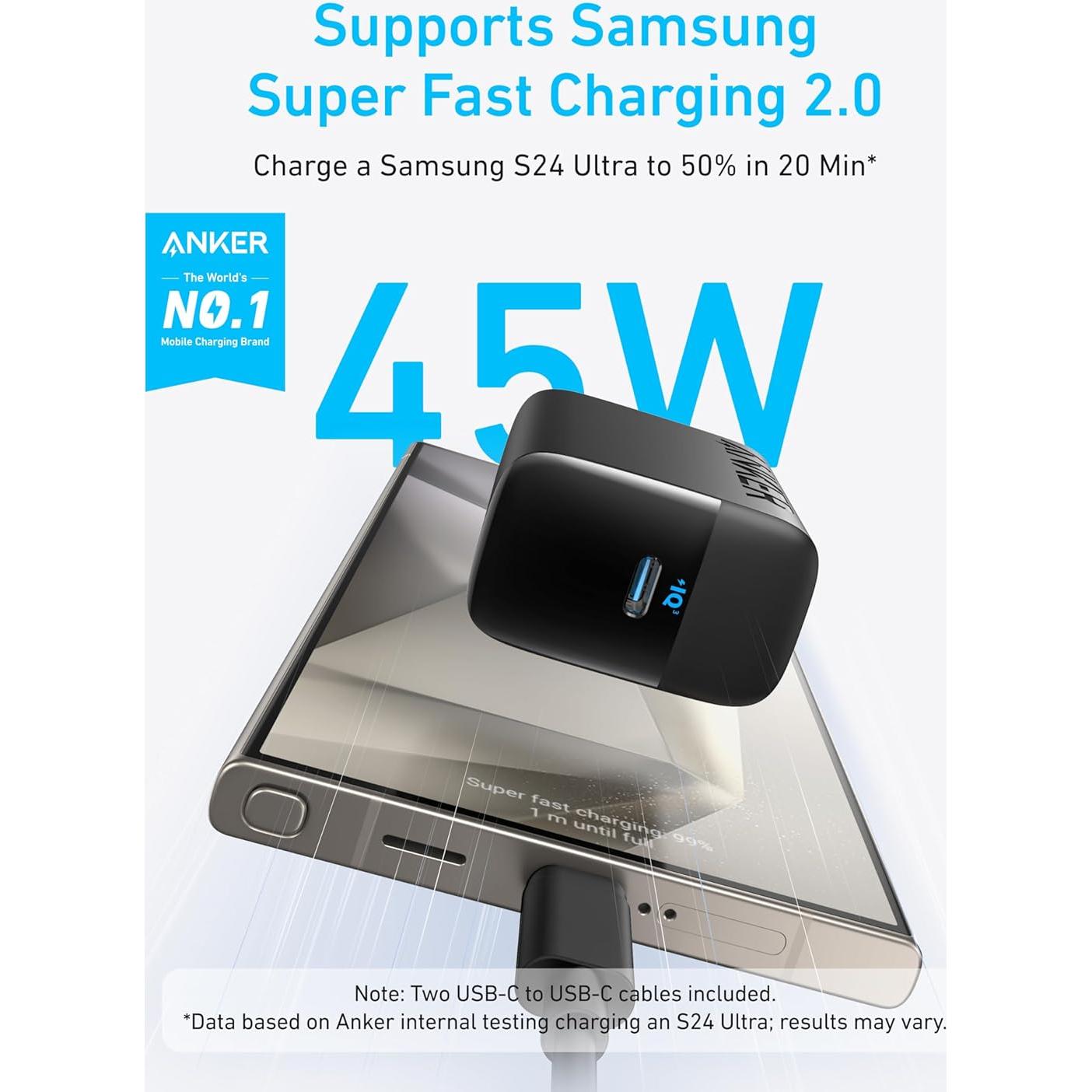 Cargador USB-C Anker 45W Rápido con 2 Cables 1.5m Negro