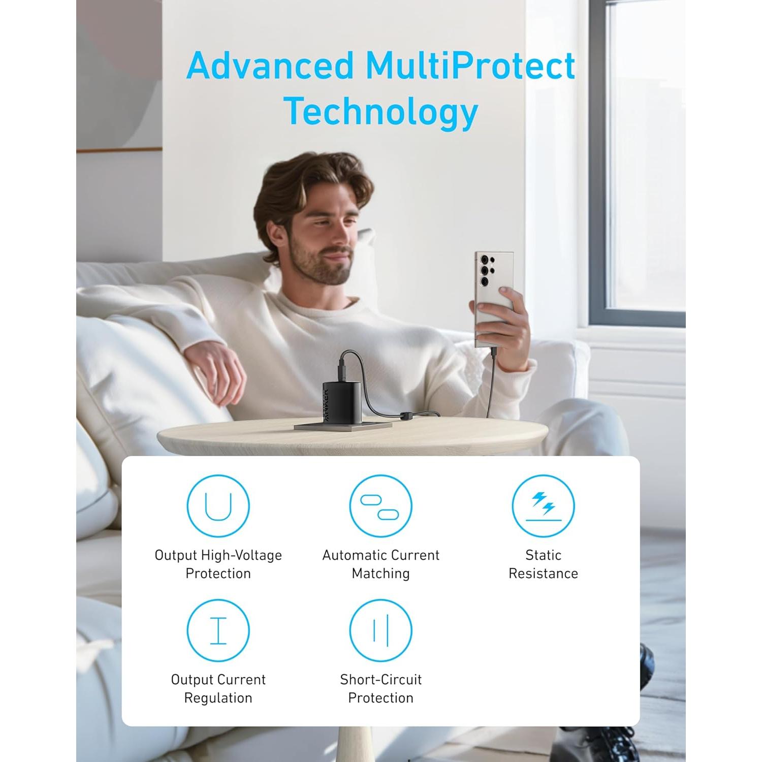 Cargador USB-C Anker 45W Rápido con 2 Cables 1.5m Negro