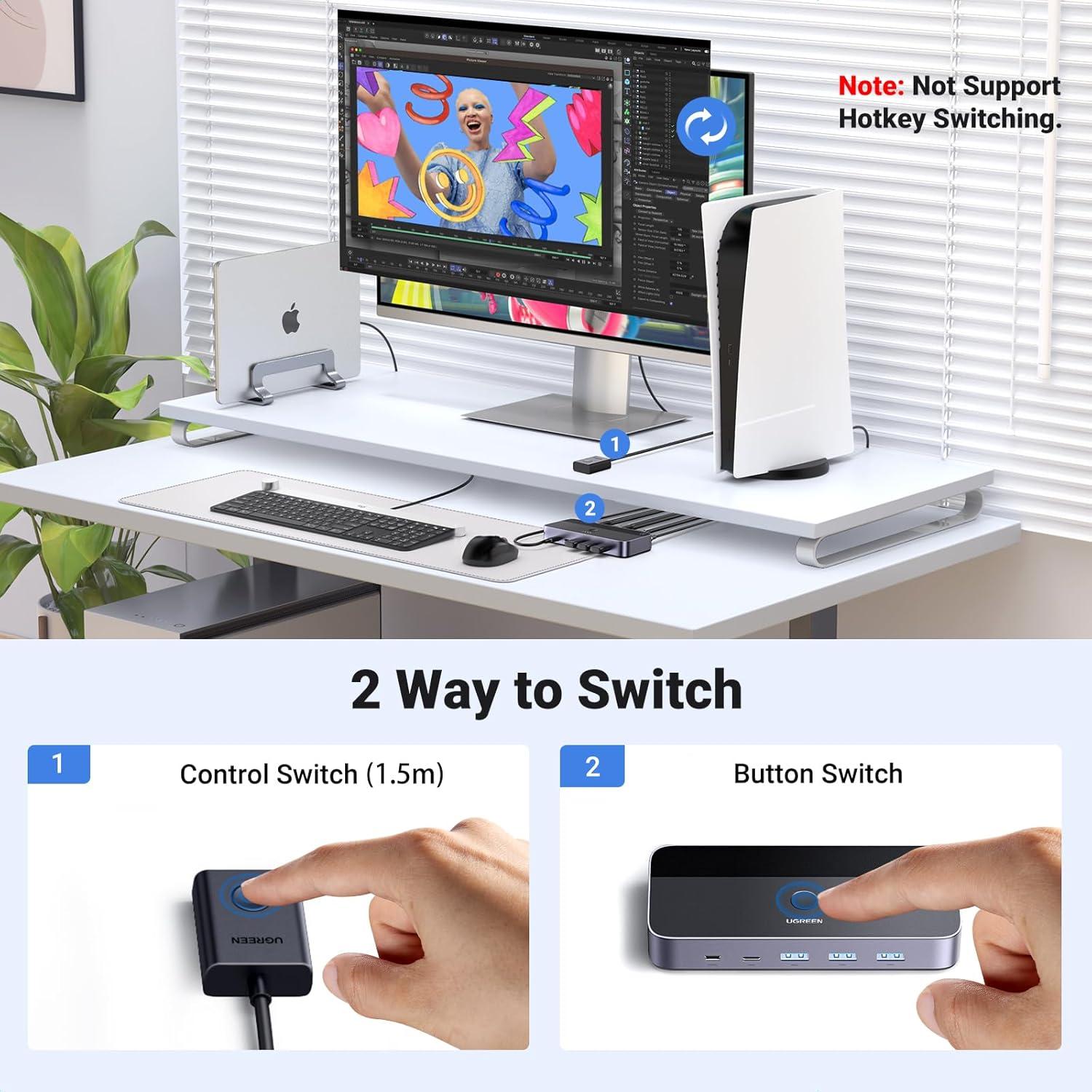 UGREEN Interruptor KVM HDMI 4K 2 PCs 1 Monitor USB 3.0