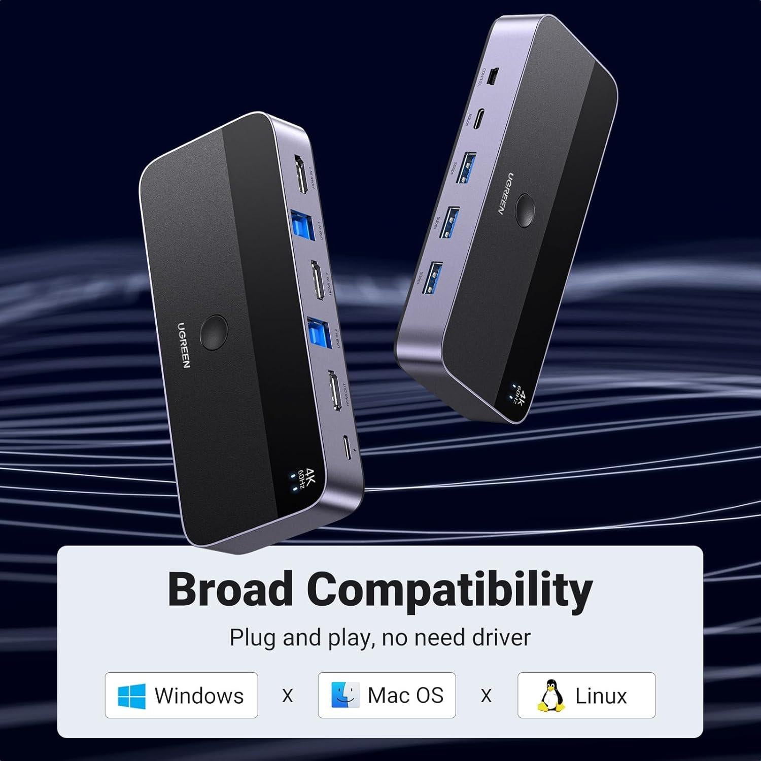 UGREEN Interruptor KVM HDMI 4K 2 PCs 1 Monitor USB 3.0