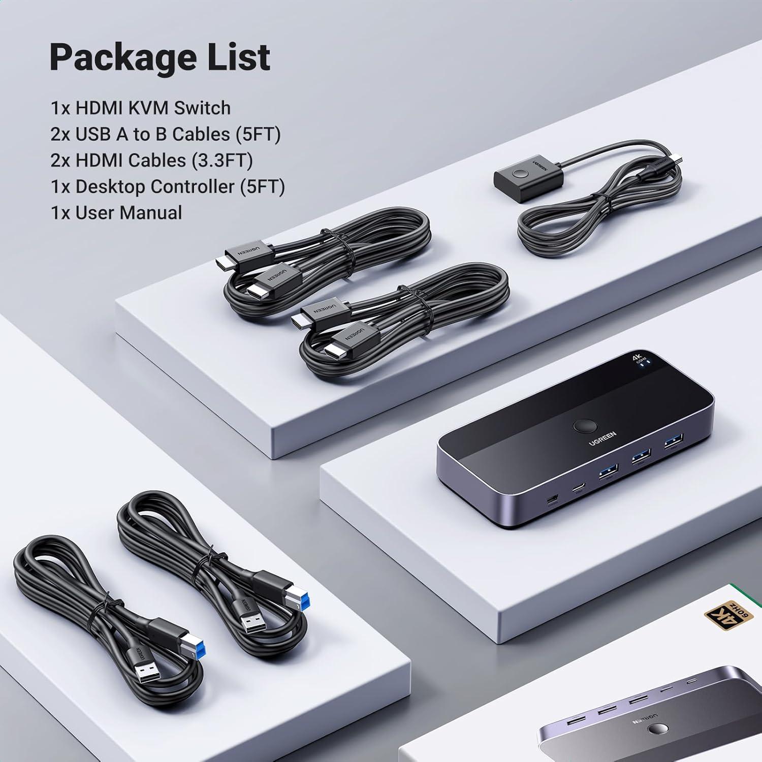 UGREEN Interruptor KVM HDMI 4K 2 PCs 1 Monitor USB 3.0