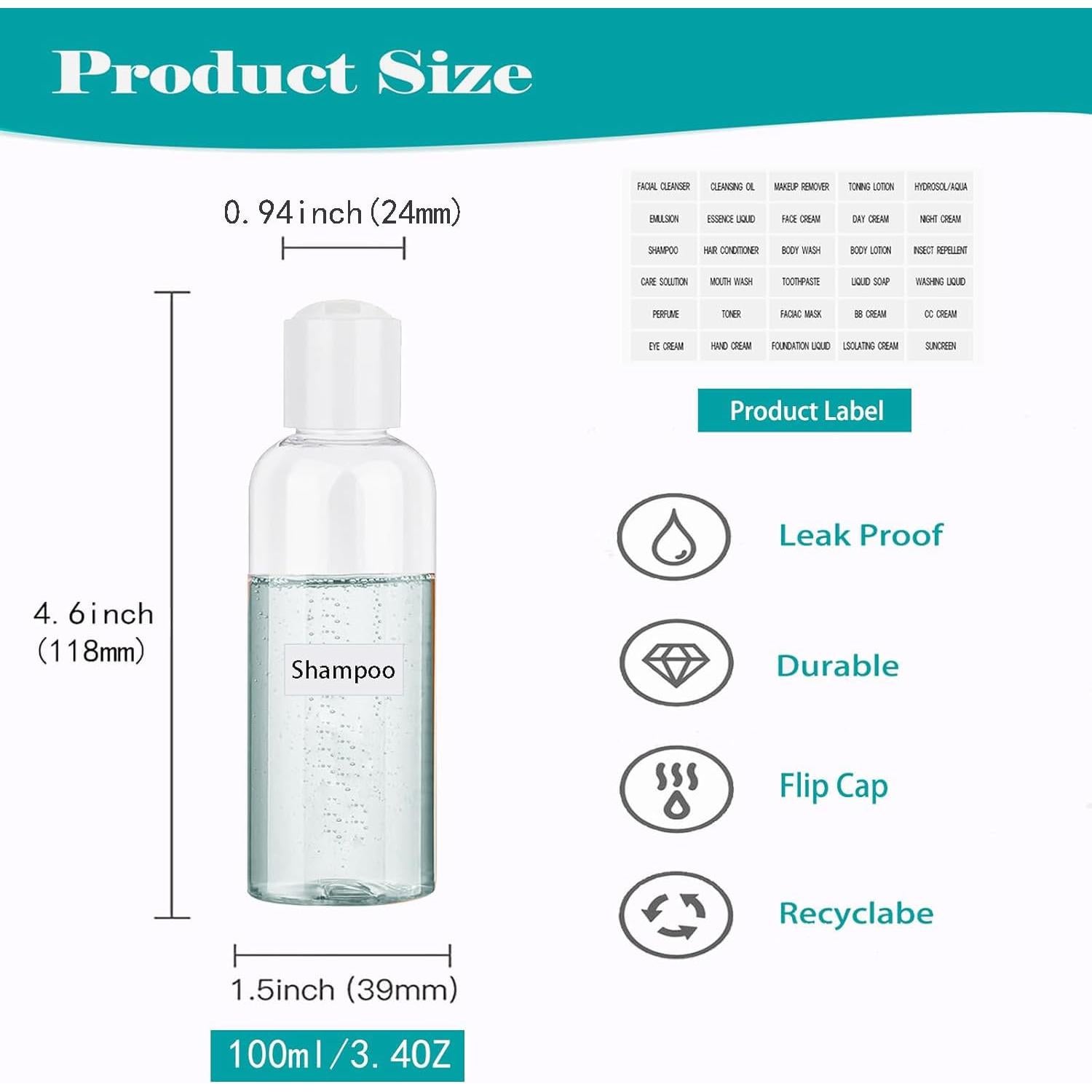 Kit de Botellas de Viaje 100ml HUIYI Aprobadas por TSA - 4 Piezas