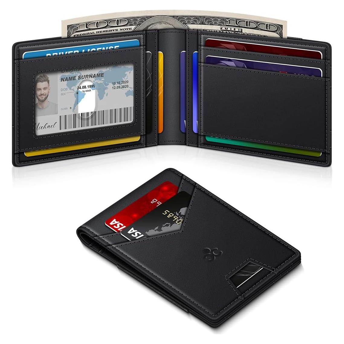 Billetera delgada SEMORID con bloqueo RFID, 17 tarjetas, negra