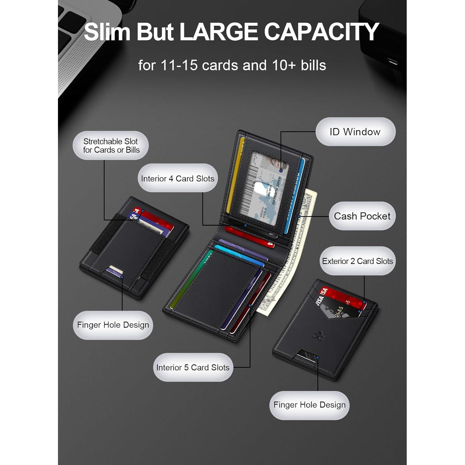 Billetera delgada SEMORID con bloqueo RFID, 17 tarjetas, negra