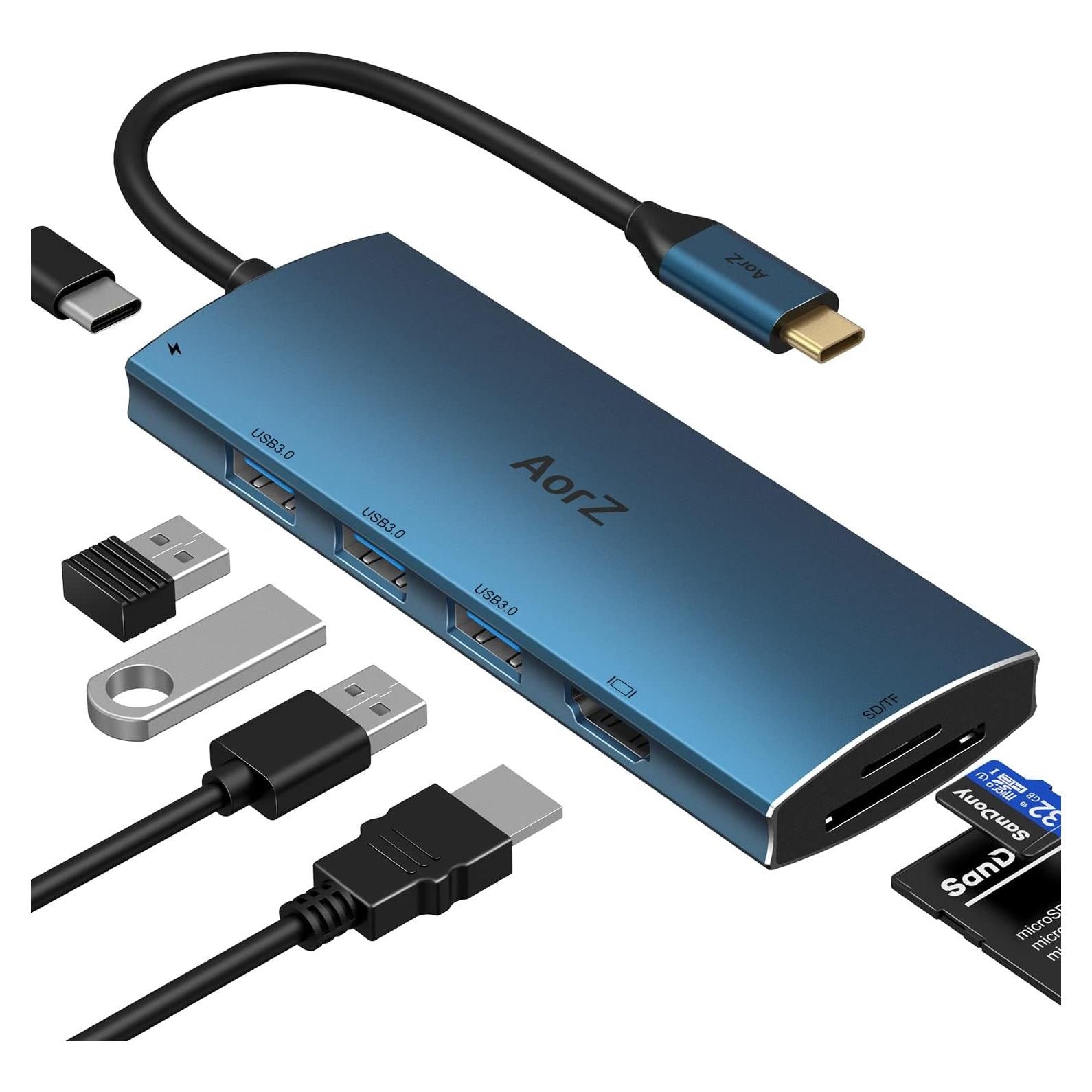 Hub USB C AorZ 7 en 1 HDMI 4K, 3 USB 3.0, Carga 100W