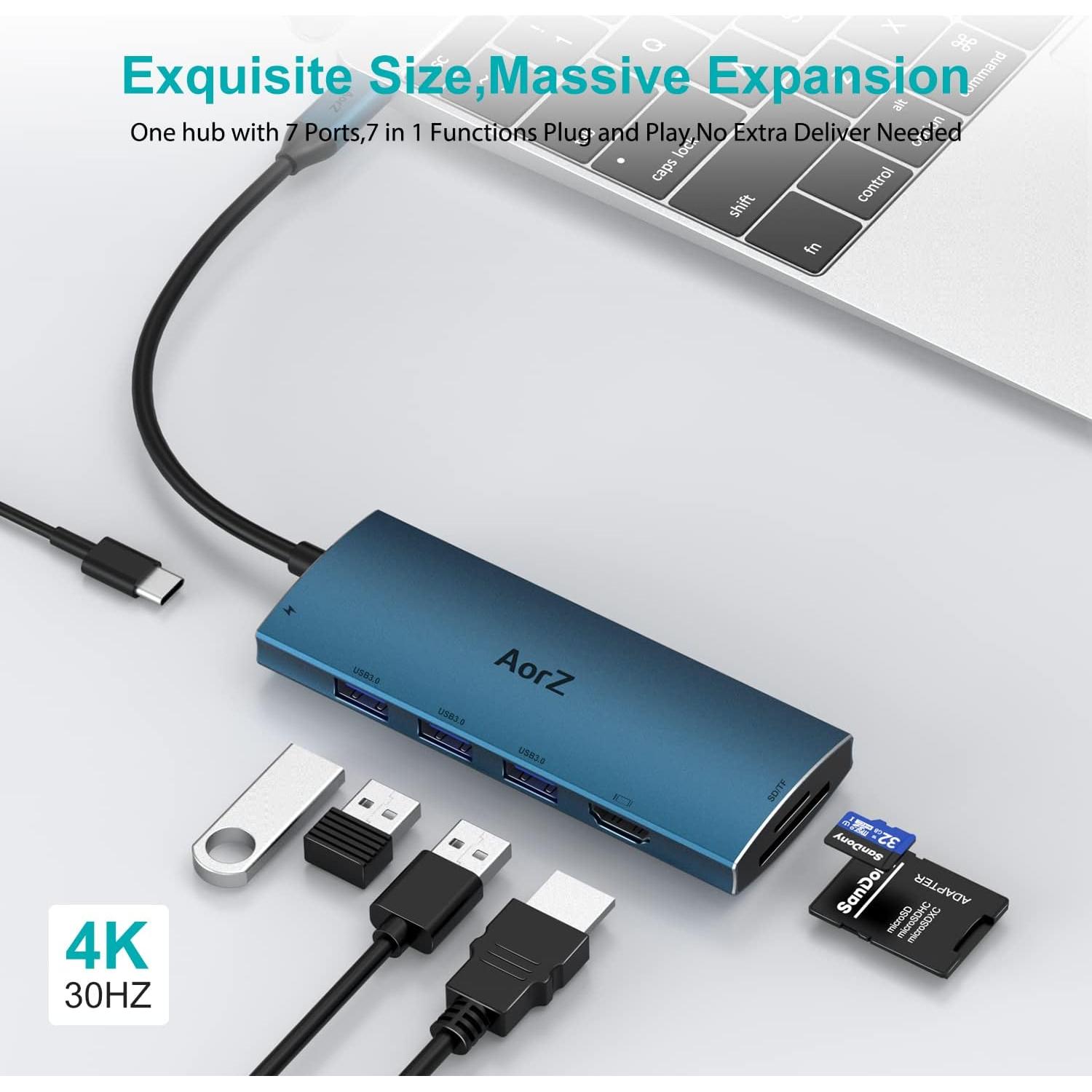 Hub USB C AorZ 7 en 1 HDMI 4K, 3 USB 3.0, Carga 100W