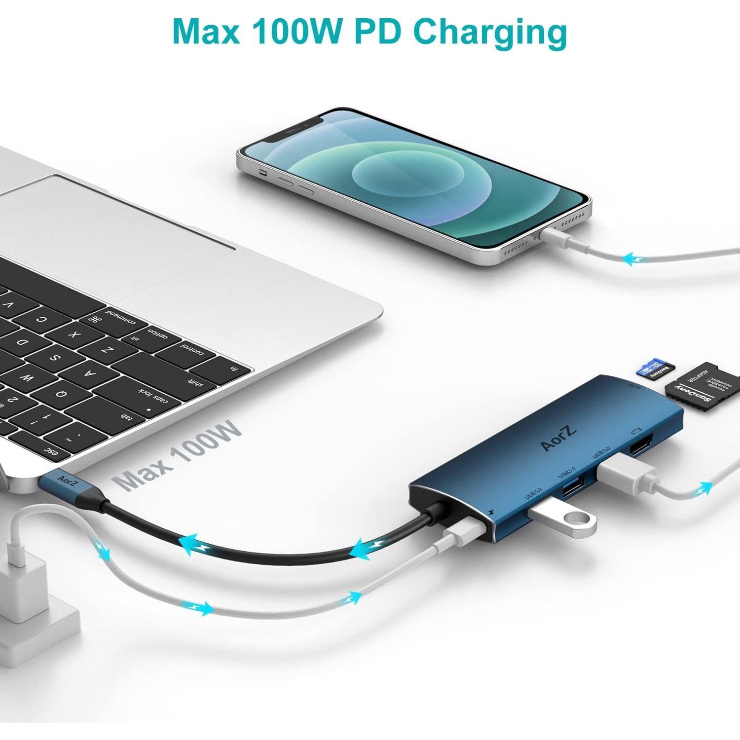 Hub USB C AorZ 7 en 1 HDMI 4K, 3 USB 3.0, Carga 100W