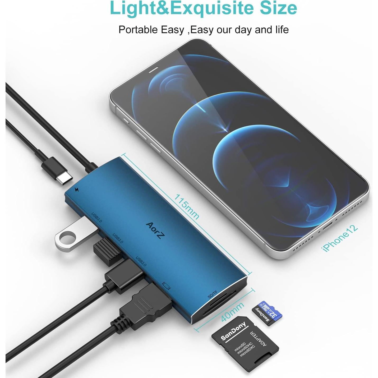 Hub USB C AorZ 7 en 1 HDMI 4K, 3 USB 3.0, Carga 100W