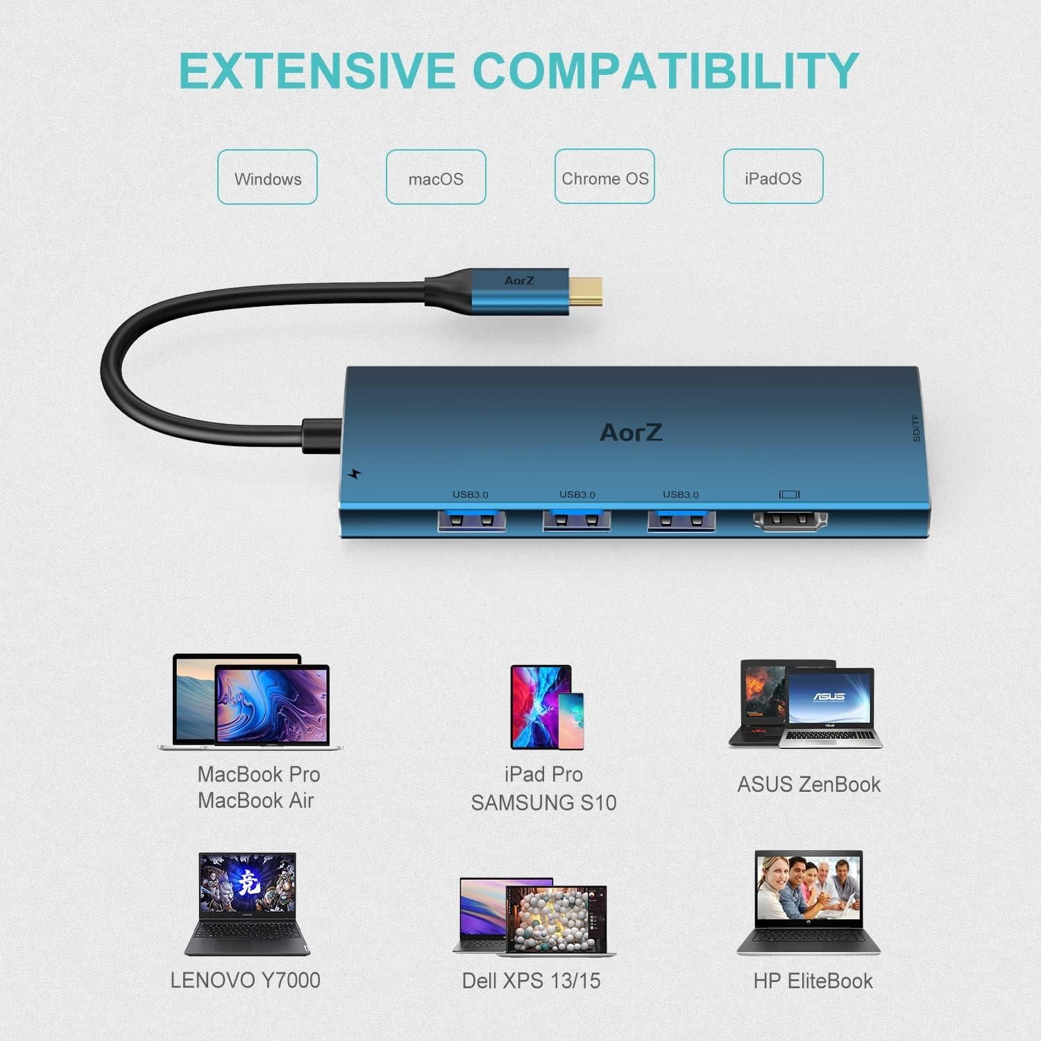 Hub USB C AorZ 7 en 1 HDMI 4K, 3 USB 3.0, Carga 100W