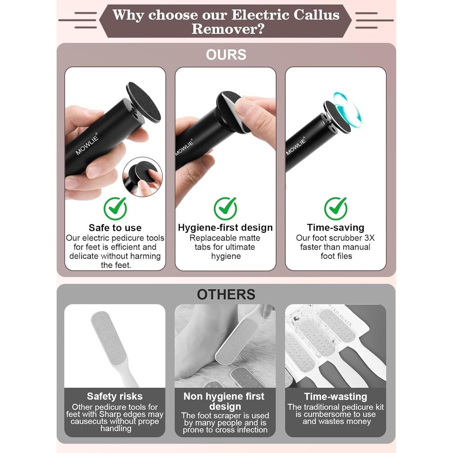 Removedor de Callos Eléctrico MOWLIE con 60 Discos de Lija