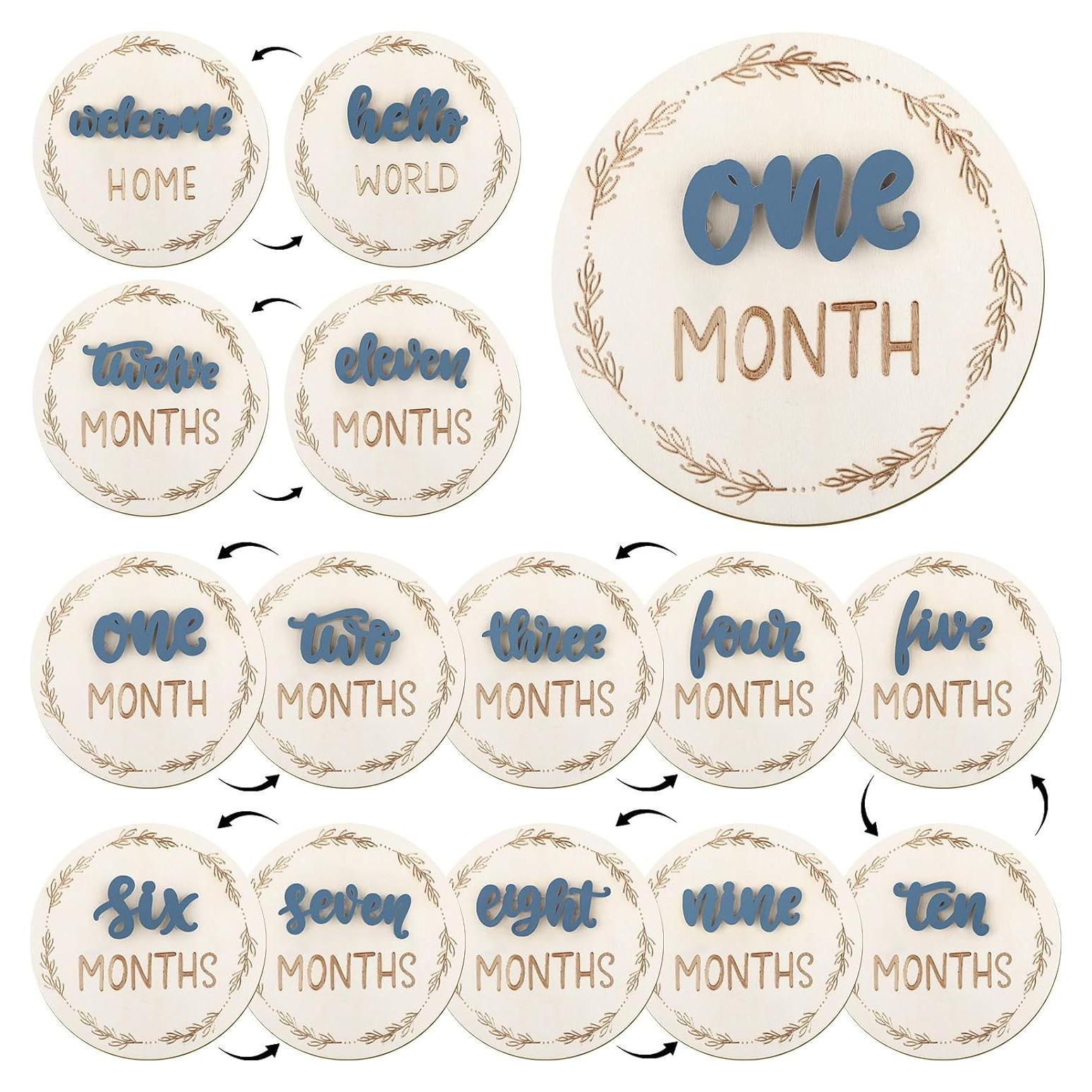 Tarjetas de Hitos Mensuales Bebé Madera Doble Cara Azul 1-12 Meses