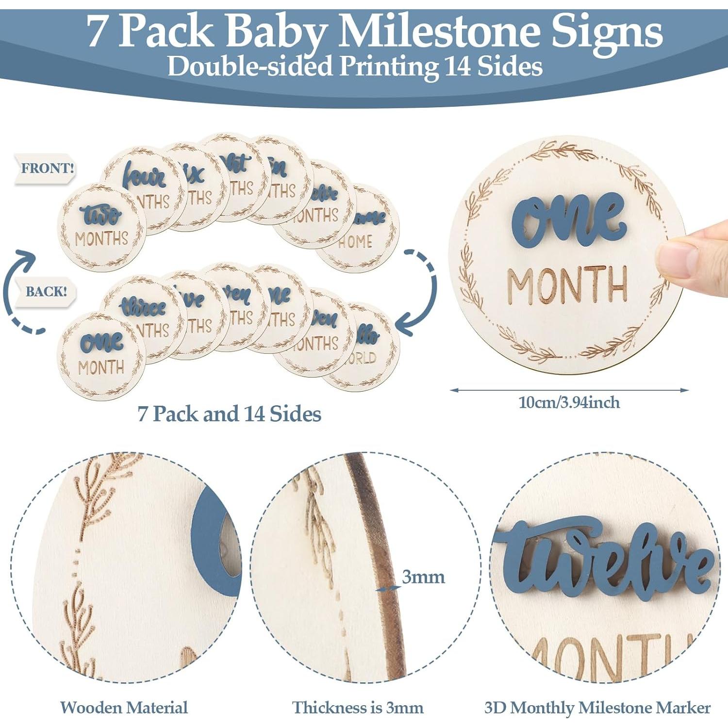 Tarjetas de Hitos Mensuales Bebé Madera Doble Cara Azul 1-12 Meses