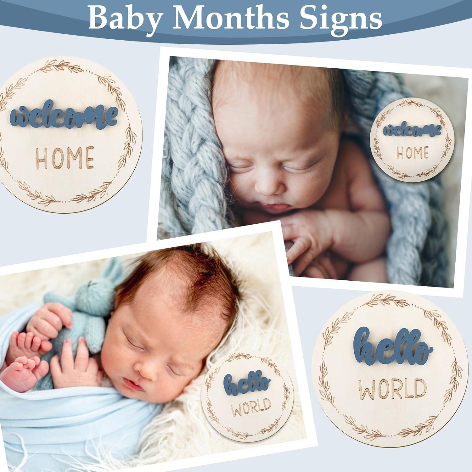 Tarjetas de Hitos Mensuales Bebé Madera Doble Cara Azul 1-12 Meses
