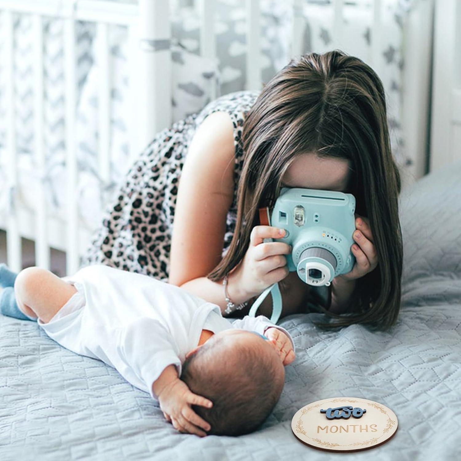 Tarjetas de Hitos Mensuales Bebé Madera Doble Cara Azul 1-12 Meses