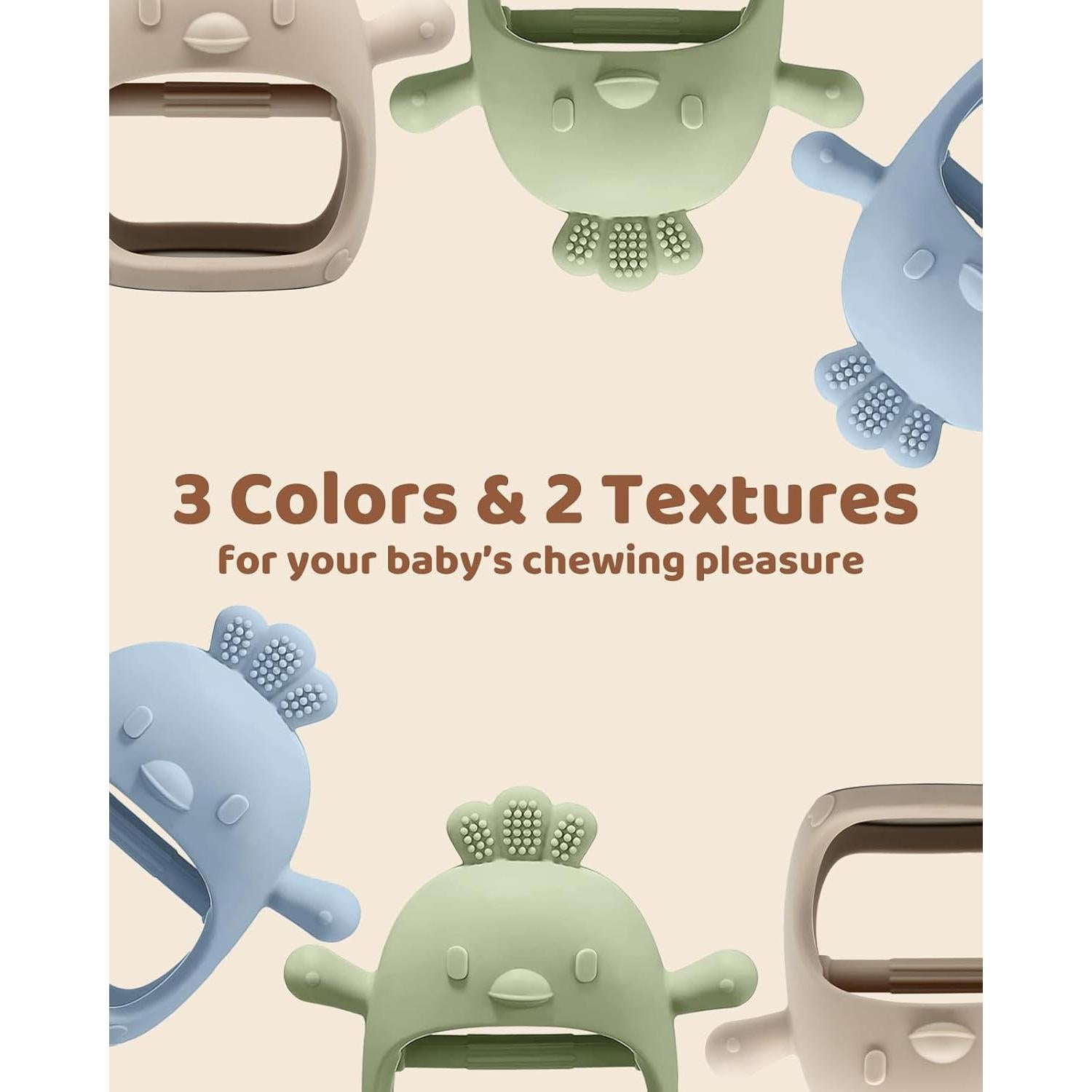 3 Paquetes Mitón de Dentición Silicona Bebés 3+ Meses BPA Free