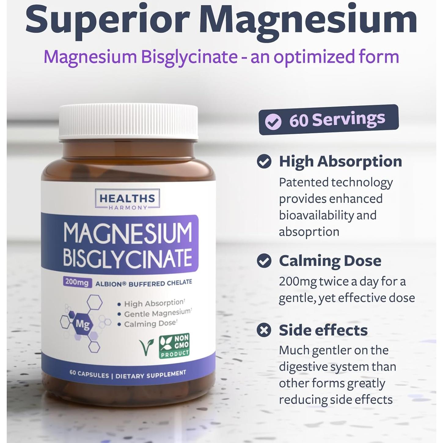 Cápsulas de Bisglicinato de Magnesio Healths Harmony 200mg