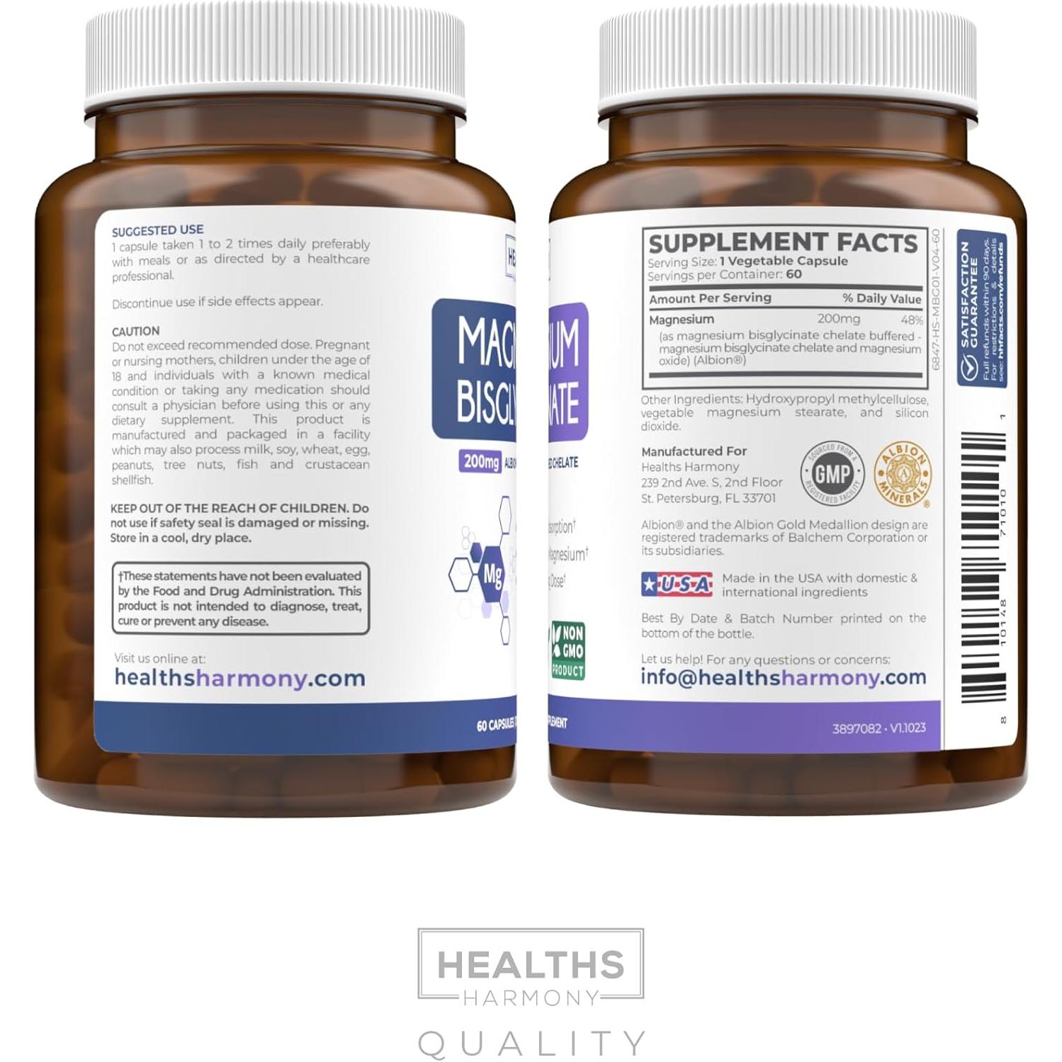 Cápsulas de Bisglicinato de Magnesio Healths Harmony 200mg