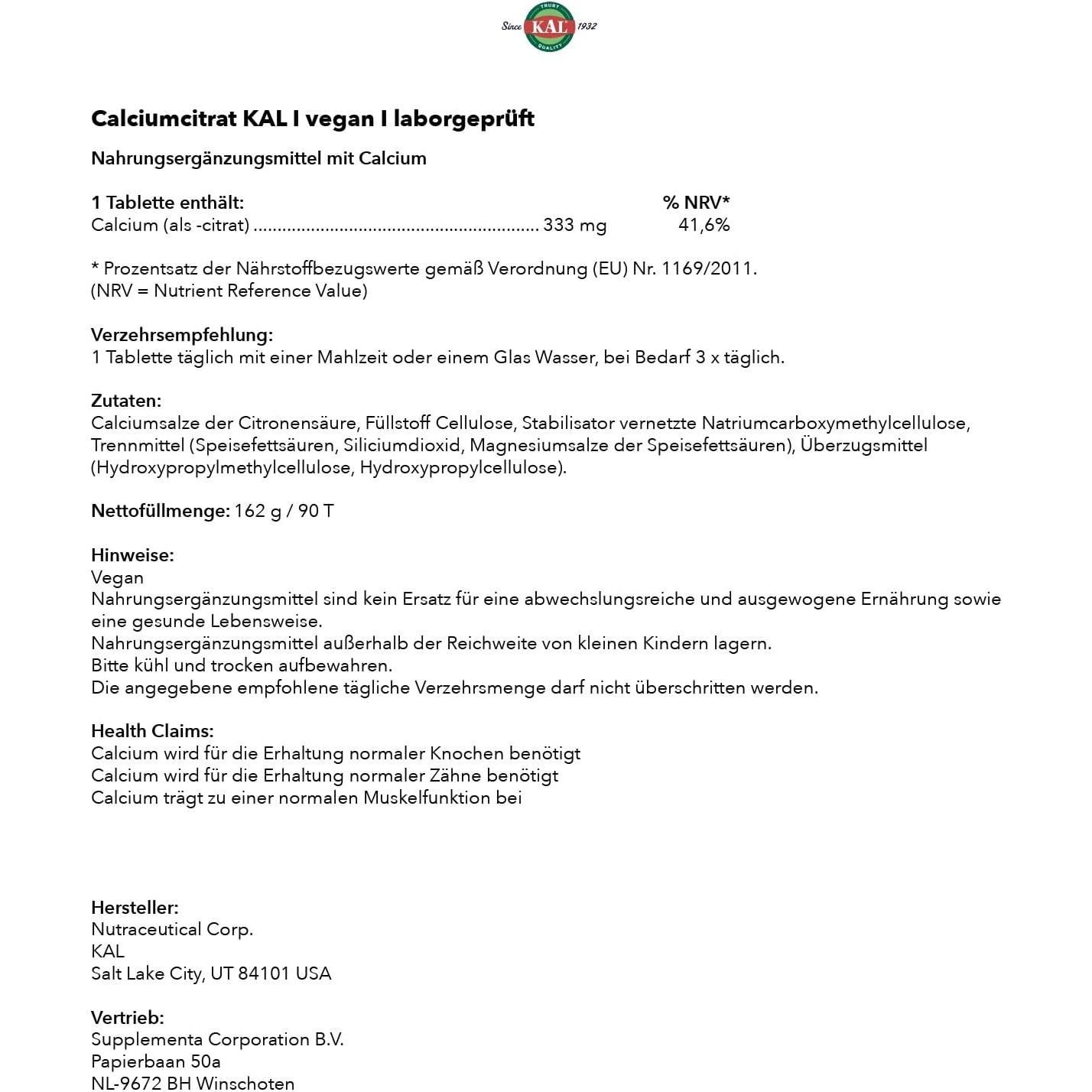 Citrato de Calcio KAL 1000 mg 90 Tabletas Bioavailable