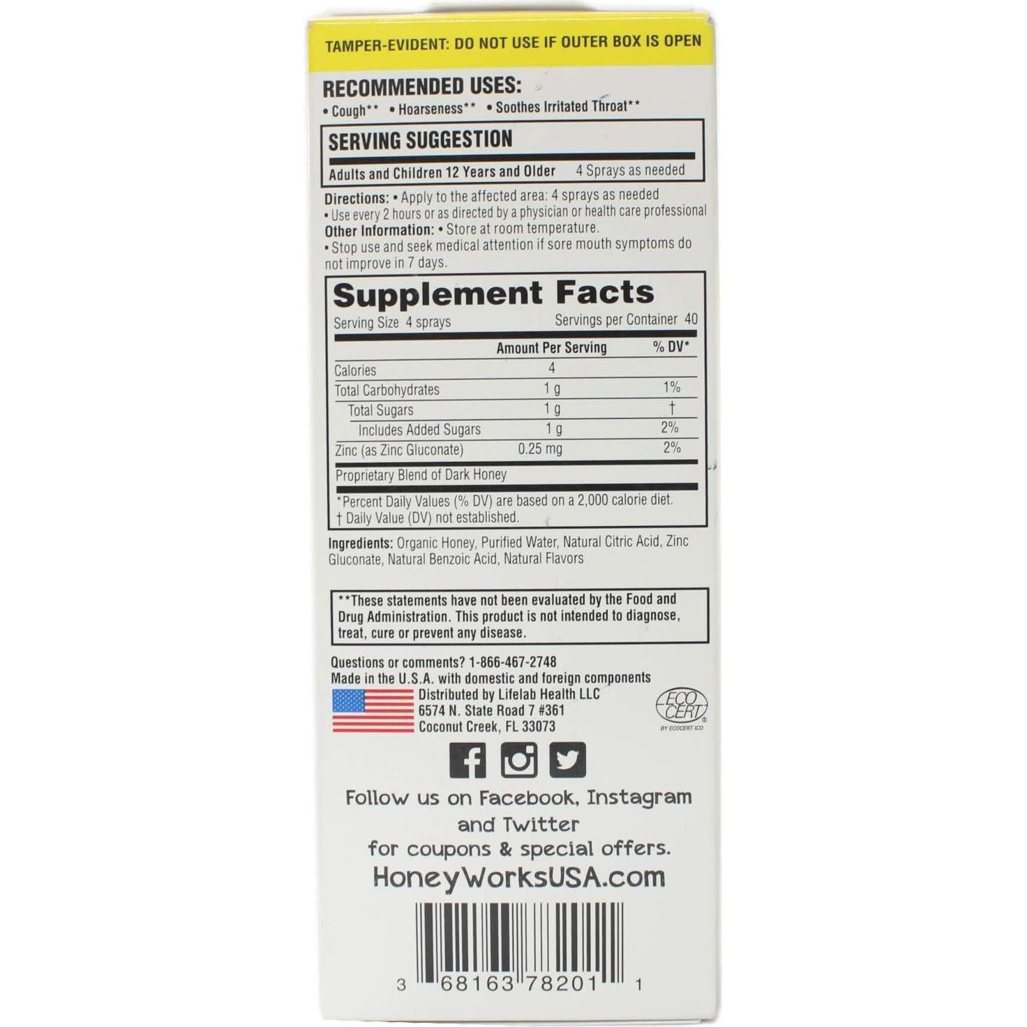 Spray para la garganta HoneyWorks 30 ml con miel orgánica y zinc