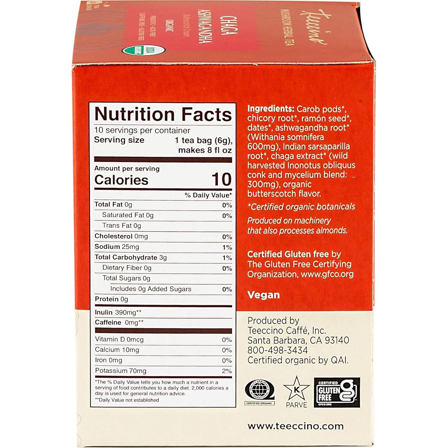 Té Herbal Adaptogénico Teeccino Chaga Ashwagandha 10 Bolsitas