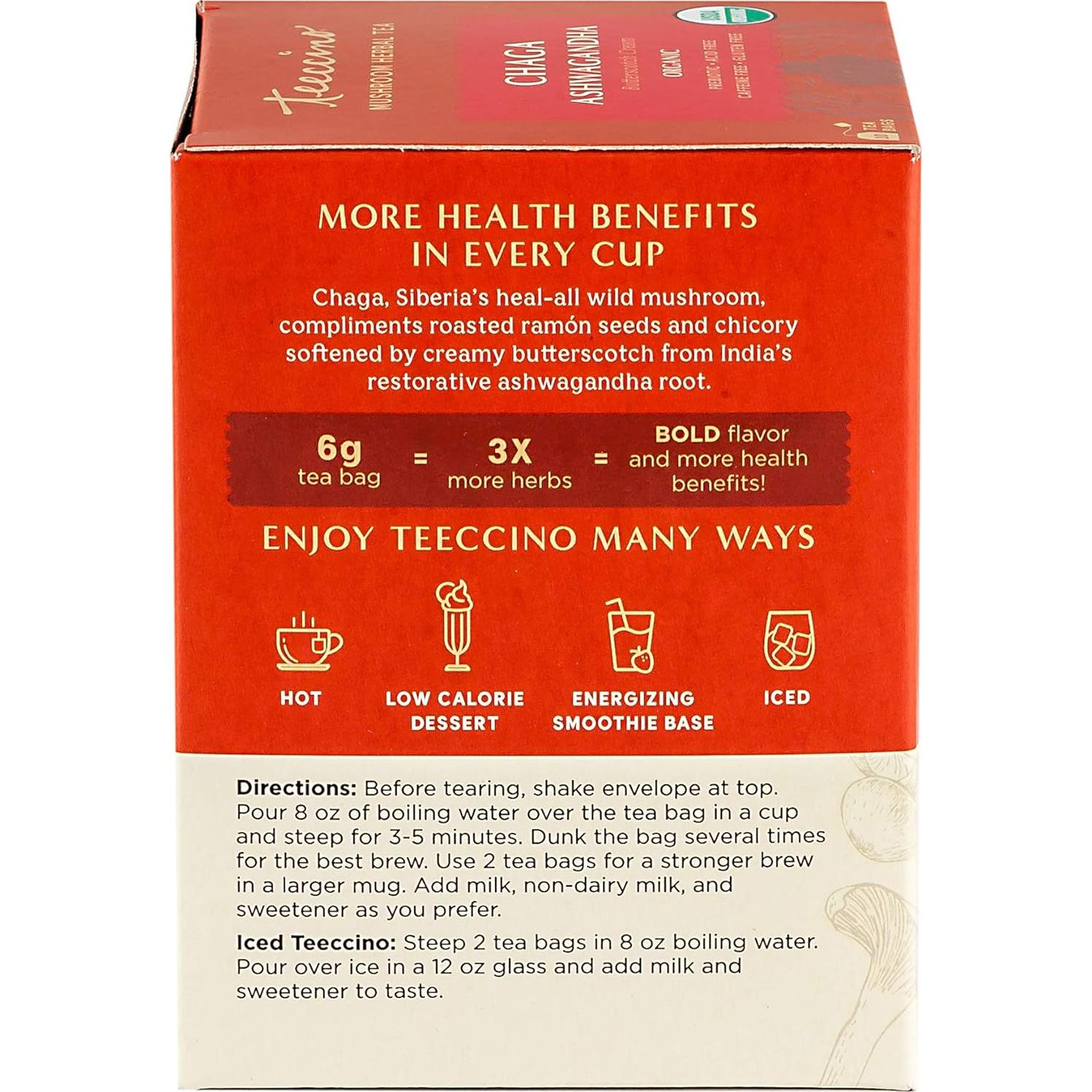 Té Herbal Adaptogénico Teeccino Chaga Ashwagandha 10 Bolsitas