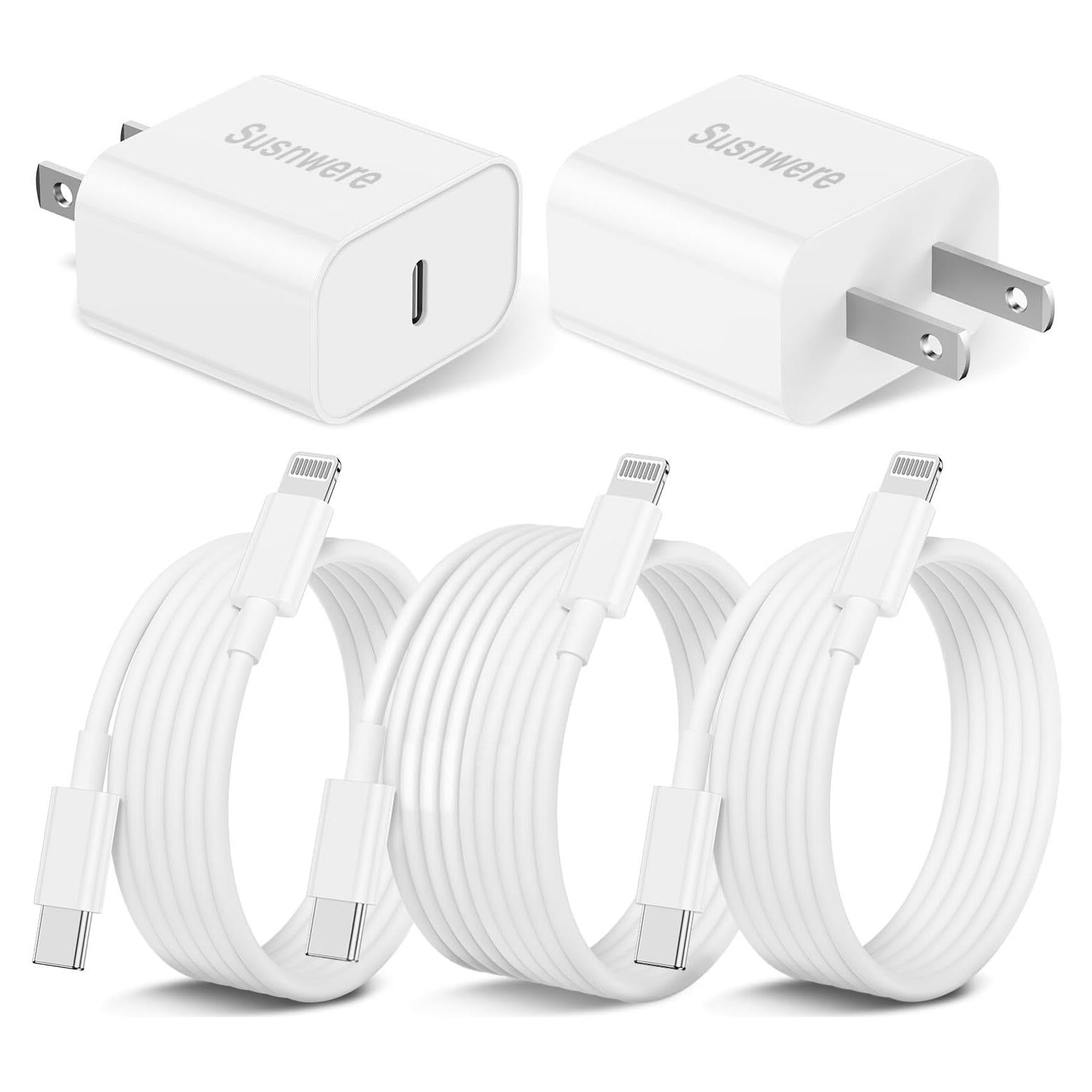 Cargador Rápido 20W USB C Susnwere + Cable 6FT Lightning Blanco